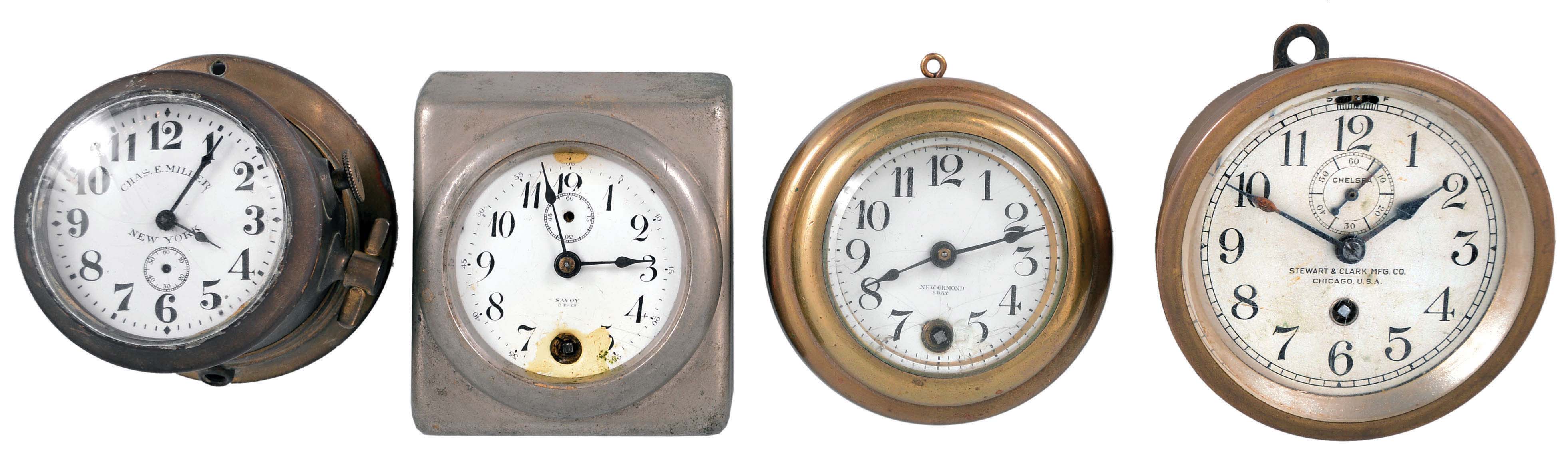 Clocks- 4 (Four) Dash-mounted Timepieces: items include timepiece by Chelsea Clock Co., Boston for Steward &amp; Clark Mfg. Co., Chicago; Chas. E. Miller, New York timepiece in a brass case with enamel dial; New Haven Clock Co., "New Ormond" 8 day, timepiece in a brass case; New Haven "Savoy" 8 day, timepiece in nickel plated case. — Antique Clocks Price Guide