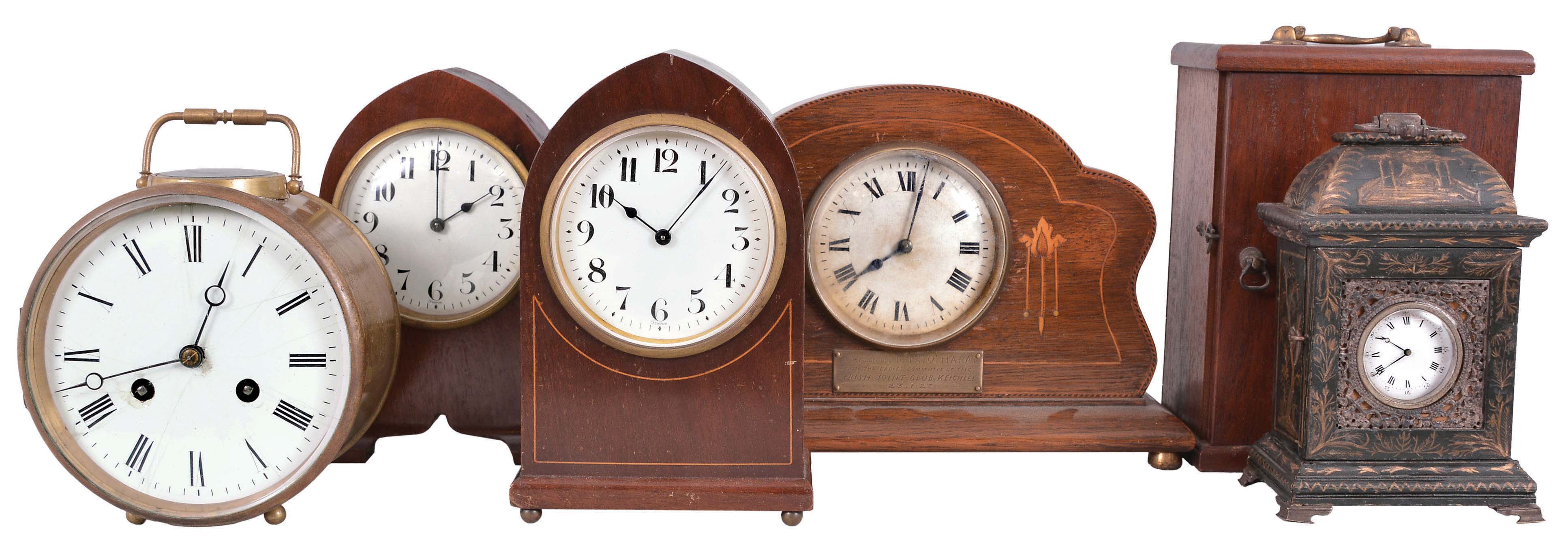 Clocks- 5 (Five) French Mantel and Shelf: All clocks with balance wheel movements, four time only in wood cases, some with inlay and one time and strike in a brass case with a white enamel dial. Miniature bracket clock may be Swiss and comes in a custom wooden carrying case. Makers and retailers include Japy Freres, H &amp; H, Duverdrey &amp; Bloquel, and others. — Antique Clocks Price Guide