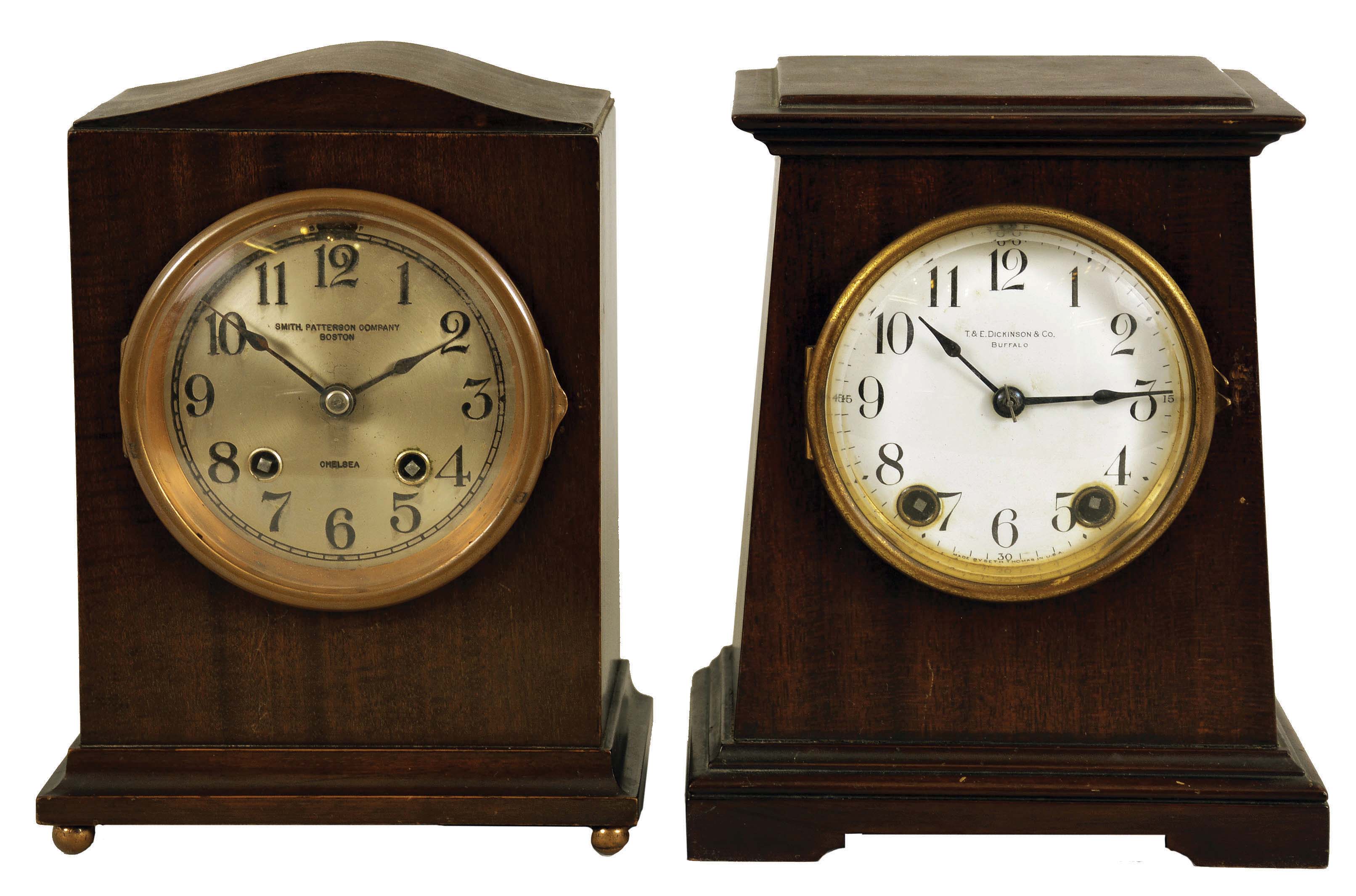 Clocks- 2 (Two) Mahogany Mantel: (1) Chelsea Clock Co., Boston for Smith, Patterson Co., Boston, "Babro No. 105" mantel clock, 8 day, time and house strike, spring-driven movement in a mahogany case with 4 inch silvered dial, serial number 109644, c1917: (2) Seth Thomas Clock Co., Thomaston, CT for T. &amp; E. Dickinson &amp; Co., Buffalo, "Derby" cabinet clock, 8 day, time and strike, spring-driven round movement in a mahogany case with white enamel dial, c1915. — Antique Clocks Price Guide