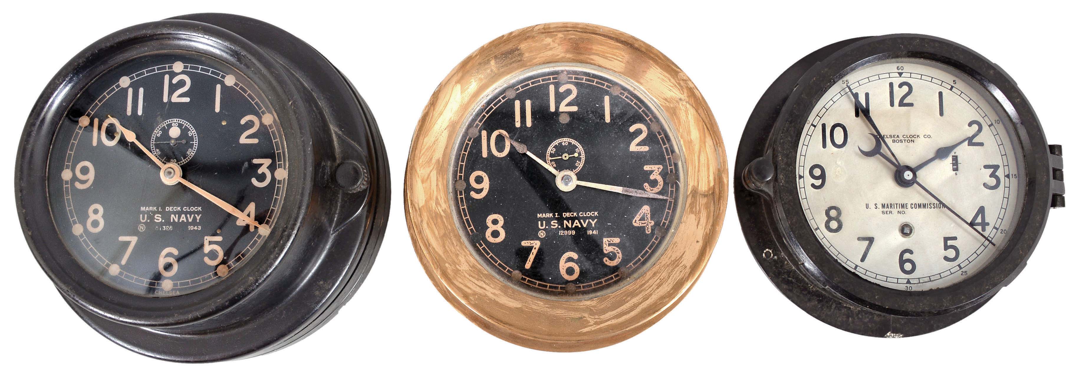 Clocks- 3 (Three) Chelsea Naval Clocks: (1) Chelsea Clock Co., Boston for U.S. Navy "Mark I, Deck Clock", 8 day, time only, spring-driven balance wheel movement with rear wind and set in a black phenolic case with mounting plate, serial 51328, dated 1943; (2) Chelsea Clock Co., Boston for U.S. Navy "Mark I, Deck Clock", 8 day, time only, spring-driven balance wheel movement with rear wind and set in a heavy brass case, serial 12999, dated 1941; (3) Chelsea Clock Co., Boston for U.S. Maritime Commission "Model 12E Deck Clock", 8 day, time only, spring-driven balance wheel movement with center seconds in a black phenolic case, serial 409424, c1943 — Antique Clocks Price Guide