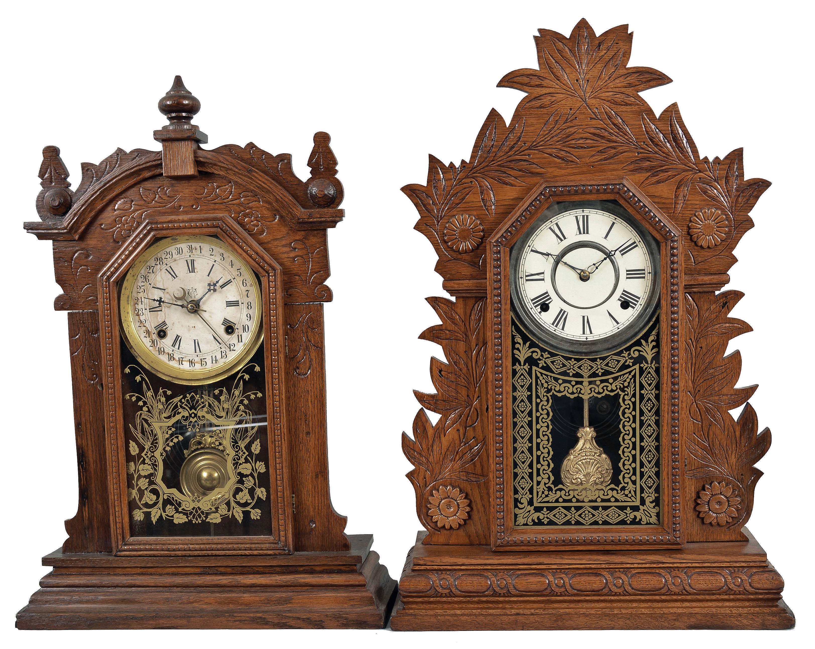 Clocks- 4 (Four) Gingerbread: (1) Waterbury Clock Co., Waterbury, Conn., unidentified model gingerbread mantel clock made for premium or mail order, 8 day, time and strike with simple calendar, spring-driven movement in a pressed oak case, c1900; (2) William L. Gilbert Clock Co., Winsted, Conn., "Laurel" mantel clock, 8 day, time and strike, spring-driven movement in a pressed oak case, c1895; (3) New Haven Clock Co., New Haven, Conn., "No. 505" mantel clock, 30 hour, time and strike with alarm, spring-driven movement in an ash case, c1885; (4) New Haven Clock Co., New Haven, Conn., "Camden B" mantel clock, 8 day, time and strike, spring-driven movement in a dark wood case, c1907. — Antique Clocks Price Guide