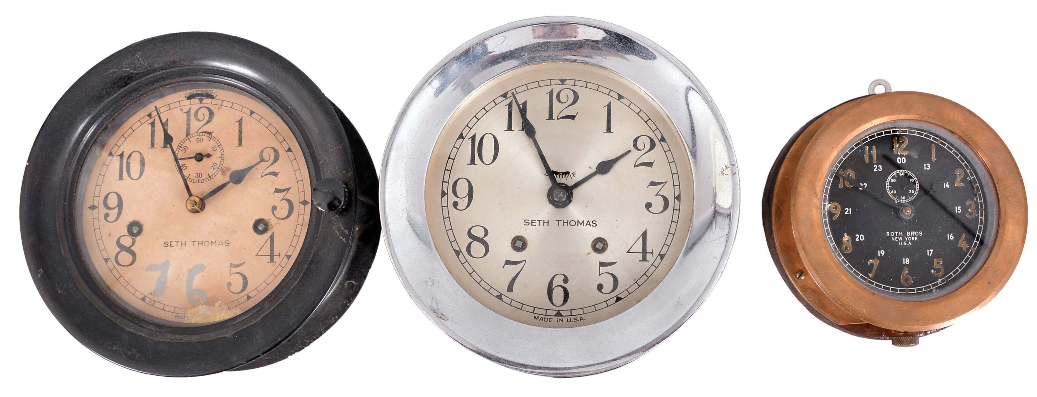 Clocks- 3 (Three) Marine: (1) Seth Thomas, Thomaston, Conn., "Ship's Lever" wardroom timepiece, 8 day, time only, twin spring, balance wheel movement with subsidiary seconds in a black phenolic case with hinged bezel; (2) Seth Thomas, Thomaston, Conn., "Ship's Bell No. 6", 8 day. time and ship's bells, spring-driven balance wheel movement in a nickel plated case with silvered dial; (3) Roth Bros., New York, marine timepiece, 8 day, time only, spring-driven movement, possibly Waltham, in a heavy brass case with screw on bezel. — Antique Clocks Price Guide
