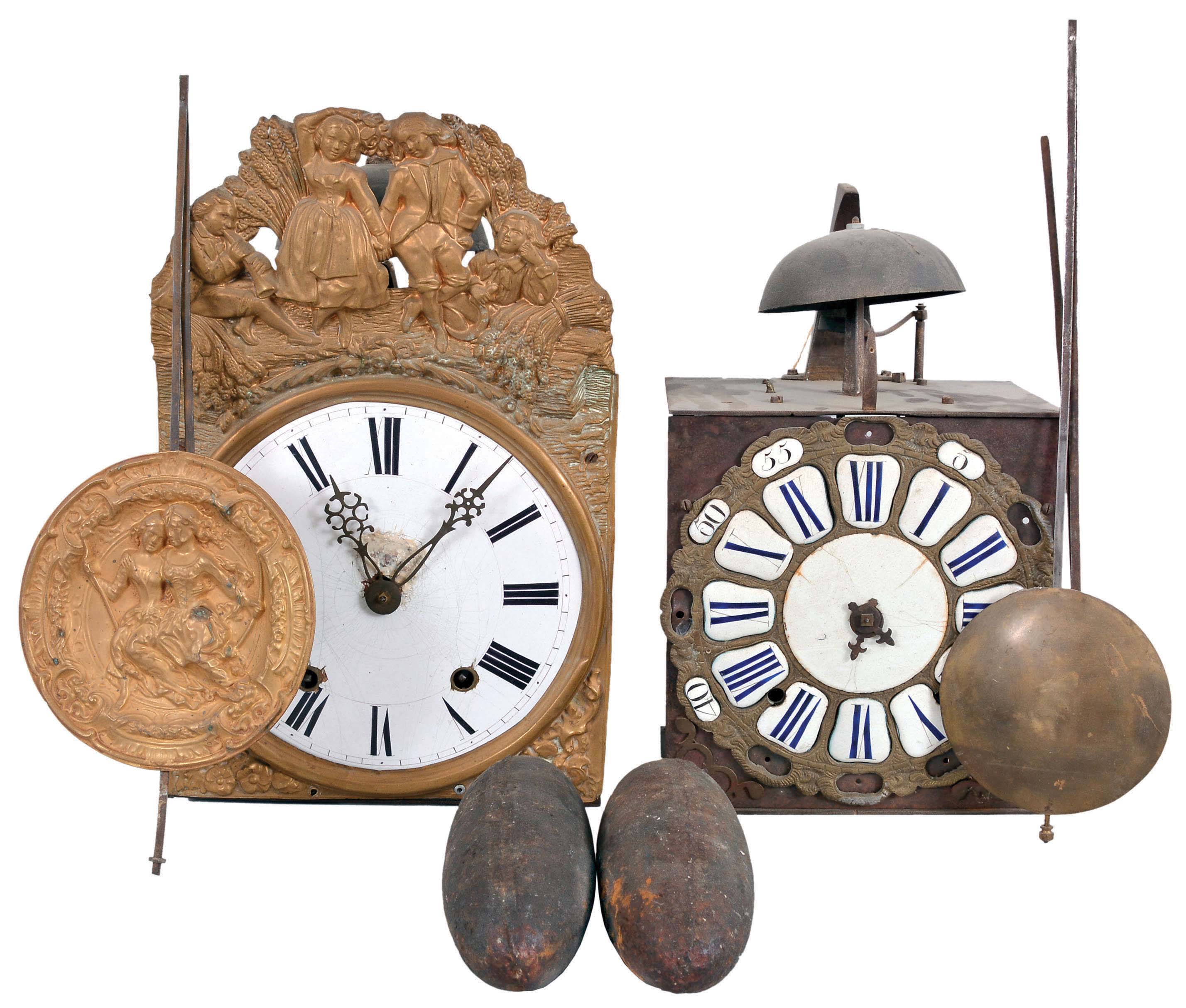 Clocks- 2 (Two) Morbier: France, morbier wall clocks, 8 day, time and strike, weight-driven, posted frame movements with verge escapements, one with a white enamel dial and the other with cartouche numerals, two folding pendulums, and one set of weights — Antique Clocks Price Guide