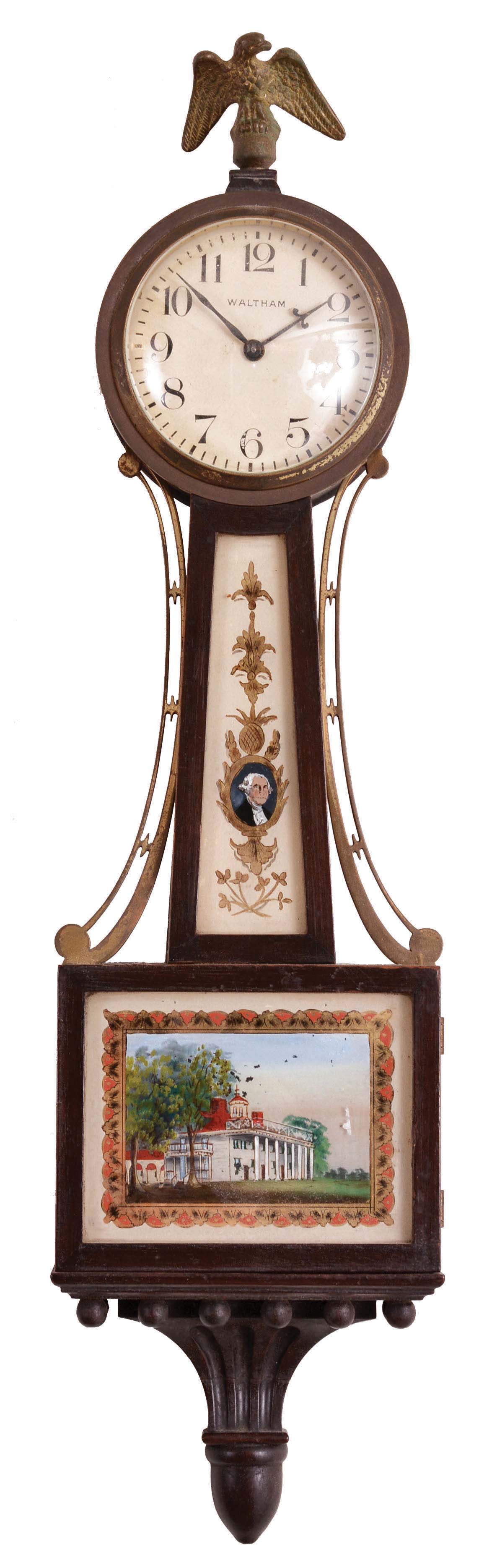 Clocks- 2 (Two) Banjo: (1) Waltham Clock Co., Waltham, Mass., "Miniature Willard Banjo", 8 day, time only, spring-driven movement with lever escapement in mahogany case with reverse painted tablets and painted metal dial. Case is stamped "48 "; (2) Sessions Clock Co., Forestville, Conn., "Alden" banjo clock, 8 day, time only, spring-driven movement in a mahogany case with painted glass panels and silvered dial, c1927 — Antique Clocks Price Guide