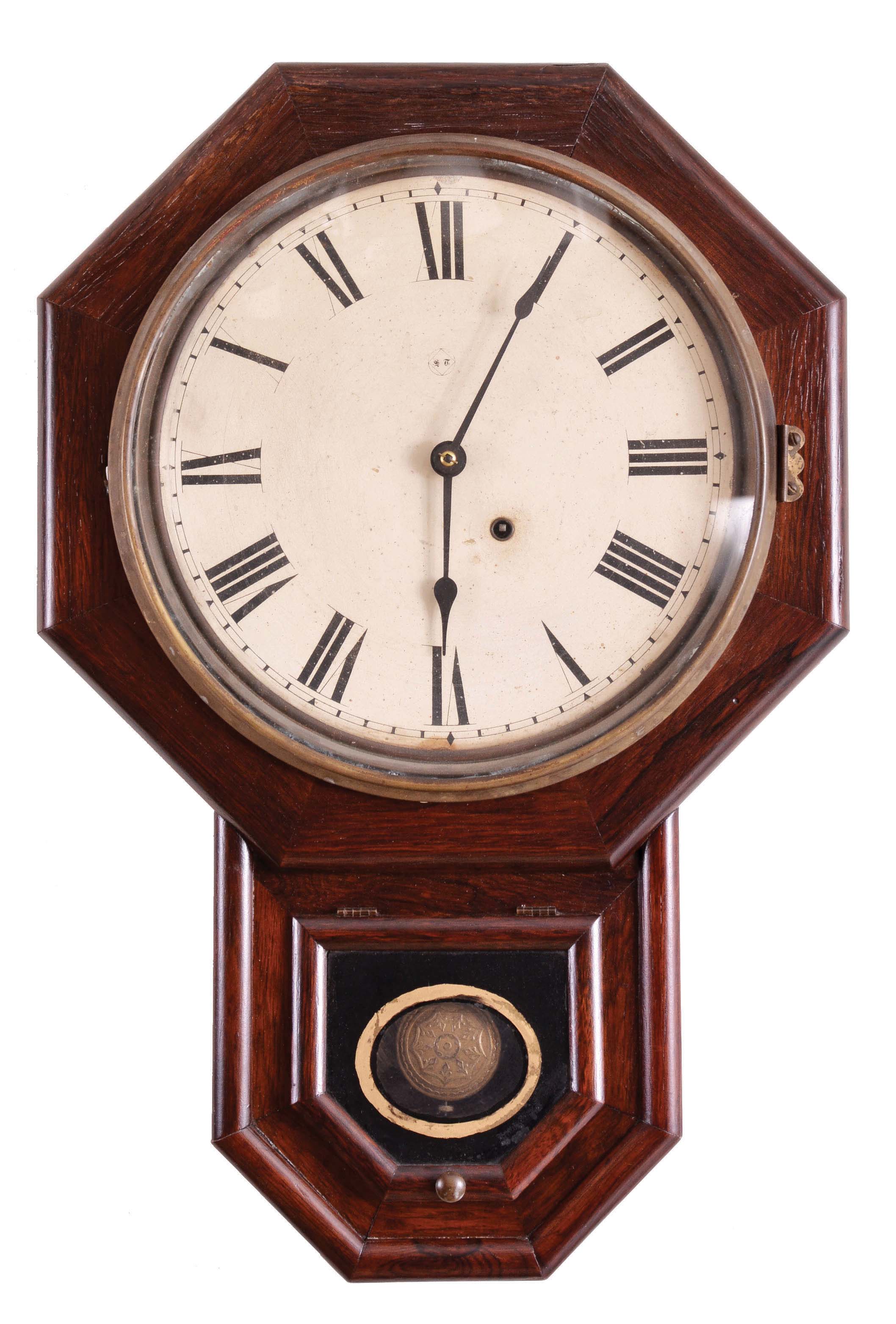 Clocks- 3 (Three Wall Clocks: (1) Seth Thomas, Thomaston, Conn., "Drop octagon 12 Inch" wall clock, 8 day, time only, spring-driven movement in a rosewood veneer case, c1886; (2) Anglo-American wall clock, 8 day, time and strike, spring-driven movement in a dark wood case with inlay, c1890; (3) France, bakers clock signed "Lagoutte Pineau, Chalons S/SNE", 8 day, time and strike, spring-driven square movement in an ebonized case with back painted glass dial, c1900. — Antique Clocks Price Guide