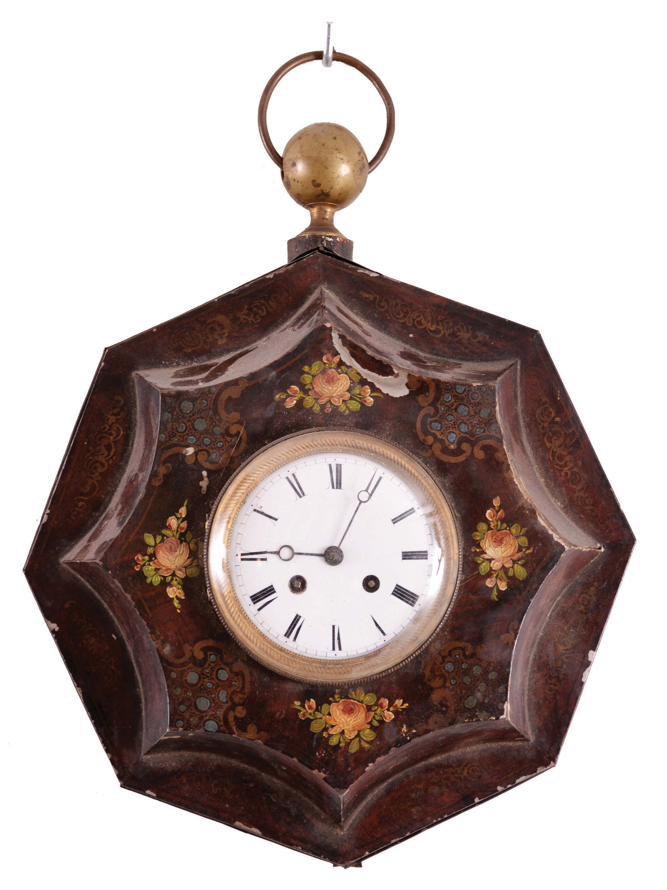 Clocks- 4 (Four) Hanging Clocks: (1) Japy Freres &amp; Cie., France, octagonal wall clock, 8 day, time and strike, spring-driven pendule de Paris movement in a painted metal case with white enamel dial, c1900; (2) E. Ingraham, Bristol, Conn., "Dew Drop" wall clock, 8 day, time and simple calendar, spring-driven movement in an grain-painted case with 12 inch dial, c1900; (3) Wm. L. Gilbert, Winstead, Conn., wall clock, 8 day, time only, spring driven movement in a wood case with folk-stencil motif, c1935; (4) E.N. Welch, Forestville, Conn., "Donita" hanging clock, 8 day, time and strike, spring-driven movement in a walnut case with "Eclipse" pendulum, c1892. — Antique Clocks Price Guide