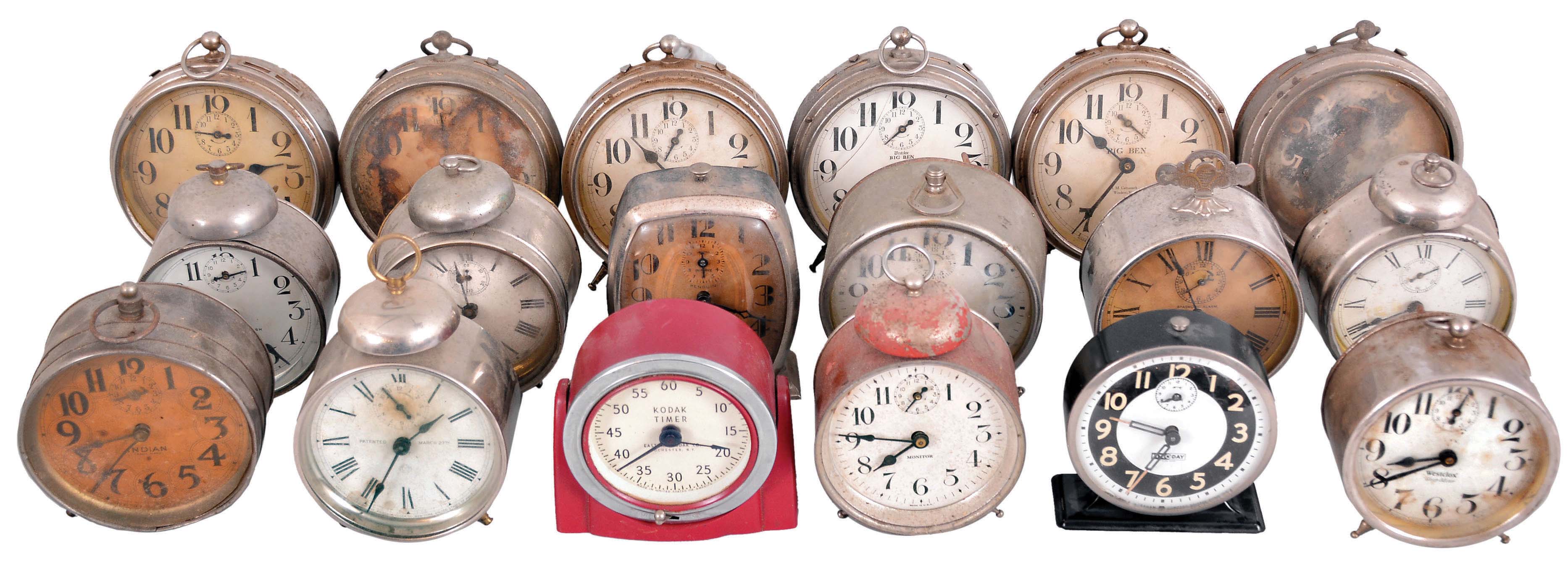 Clocks- 33 (Thirty-three) Alarm Clocks, Desk, and Novelty Clocks: large lot of small clocks by makers including Westclox, Ingraham, Ansonia, Waterbury, Swiza, LeCoultre, and others. Also three brass &amp; glass cases. — Antique Clocks Price Guide