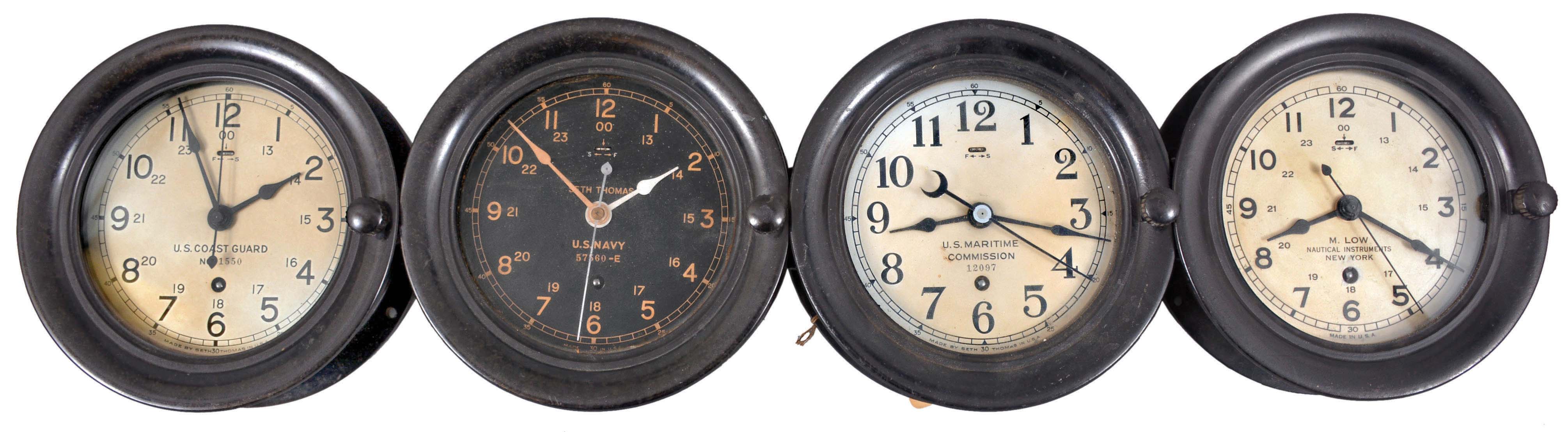 Clocks- 4 (Four) Seth Thomas Ship's Levers: Seth Thomas Clock Co., Thomaston, Conn., "Ship's Lever" deck or wardroom timepieces, 8 day, time only, spring-driven lever escapements with center seconds in black phenolic cases with hinged bezels, three with silvered dials and one with black phenolic dial. Clocks were commissioned for U.S. Maritime Commission, U.S. Coast Gaurd, and U.S. Navy. — Antique Clocks Price Guide
