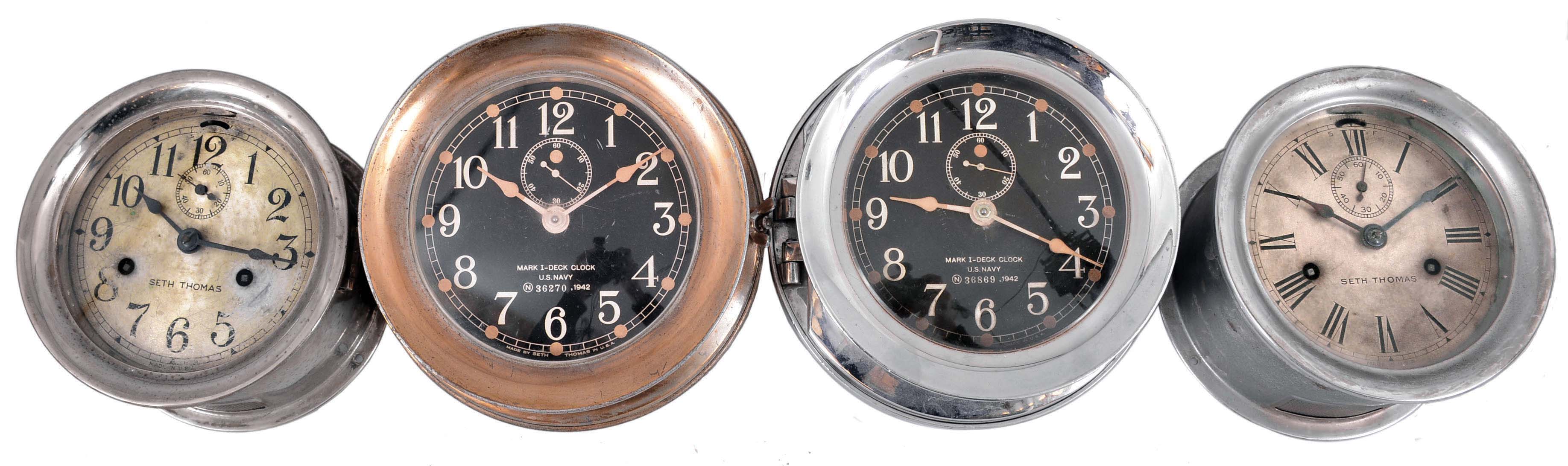 Clocks- 4 (Four) Seth Thomas Marine: (1) Seth Thomas Clock Co., Thomaston, Conn., "Mark I- Deck Clock", 8 day, time only, spring-driven balance wheel movement with rear wind in a brass case with heavy mounting plate, black dial with subsidiary seconds, dated 1942; (2) Seth Thomas Clock Co., Thomaston, Conn., "Mark I- Deck Clock", 8 day, time only, spring-driven balance wheel movement with rear wind in a nickel plated case with heavy mounting plate, black dial with subsidiary seconds, dated 1942; (3) Seth Thomas Clock Co., Thomaston, Conn., "Boat Clock", 1 day, time and strike, spring-driven balance wheel movement in a nickel plated case, silvered dial with subsidiary seconds; (4) Seth Thomas Clock Co., Thomaston, Conn., "Boat Clock", 1 day, time and strike, spring-driven balance wheel movement in a nickel plated case, silvered dial with subsidiary seconds. — Antique Clocks Price Guide