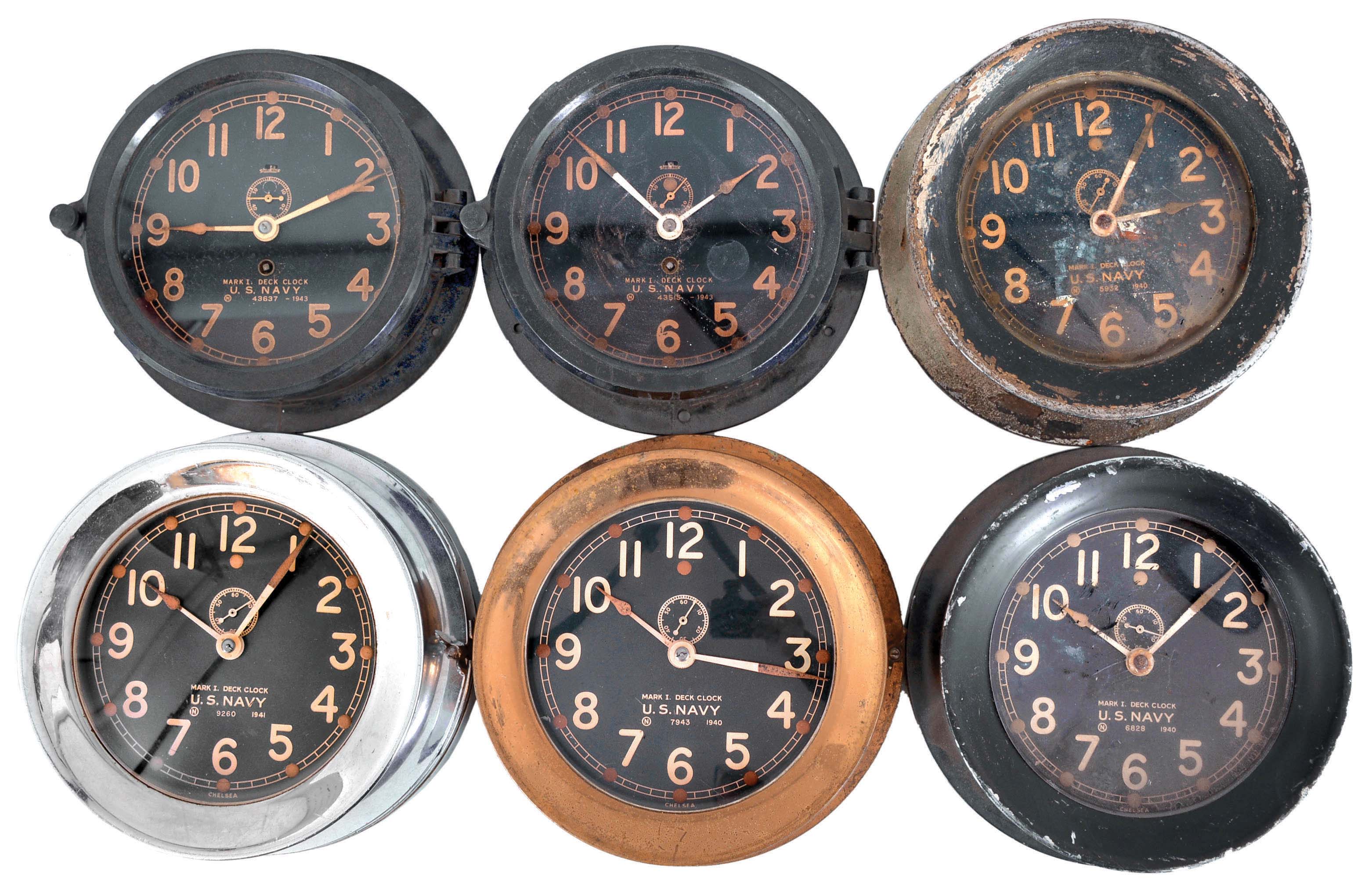 Clocks- 6 (Six) Chelsea Deck Clocks: Chelsea Clock Co., Boston, for U.S. Navy, "Mark I- Deck Clock", 8 day, time only, spring-driven balance wheel movements, black dials with subsidiary seconds, four rear wind in metal cases dated 1940 or 1941 and two in black phenolic cases dated 1943. — Antique Clocks Price Guide