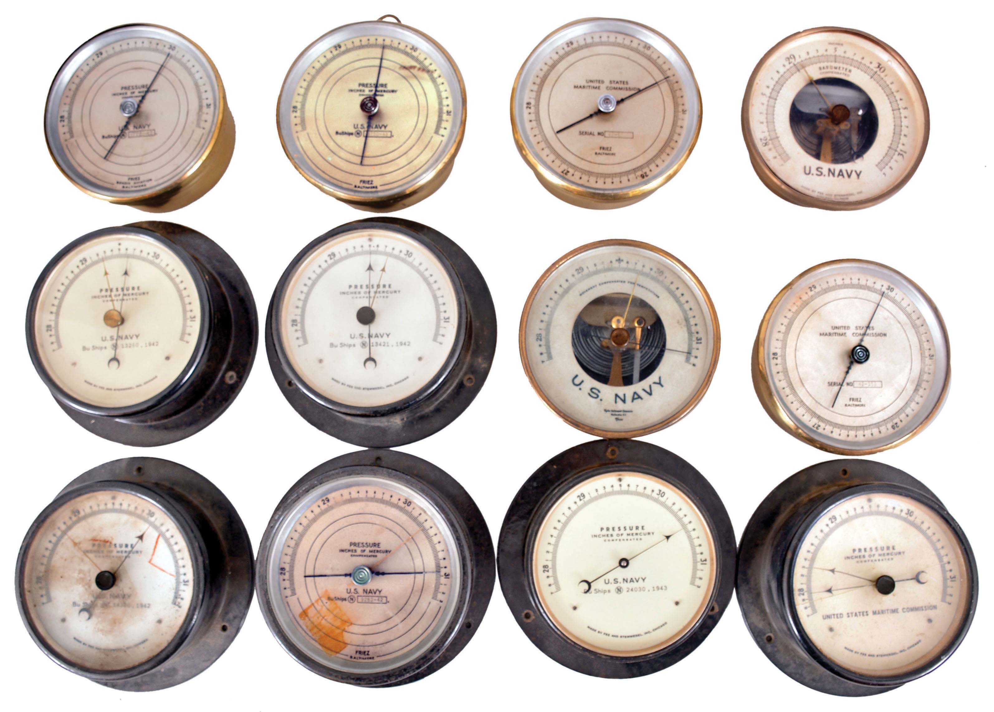 Barometers- 12 (Twelve) Barometers: 12 aneroid barometers for the U.S. Navy and U.S. Maritime Commission by Fee &amp; Stemwedel of Chicago, Friez of Baltimore, and Taylor Instrument Companies of Rochester, New York. — Antique Clocks Price Guide