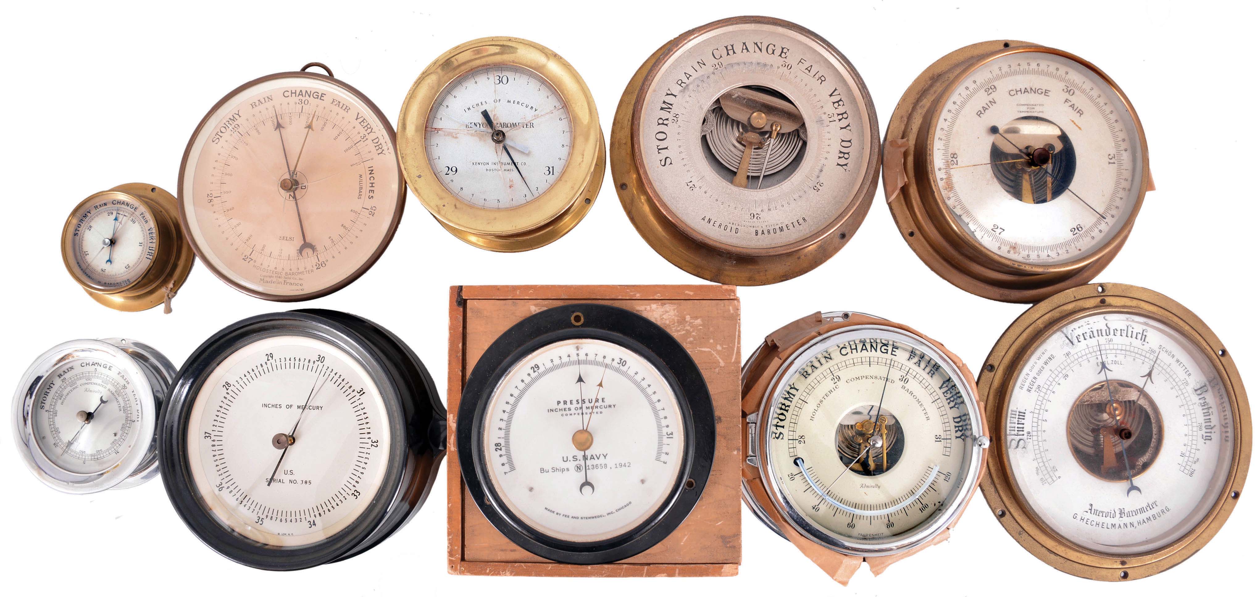 Barometers- 10 (Ten) Barometers: French, German, and American made aneroid barometers, some with thermometers by makers such as Selsi, M. Low, Fee &amp; Stemwedel, G. Hechelmann, Kenyon, Abercrombie &amp; Fitch, and Admiralty. — Antique Clocks Price Guide