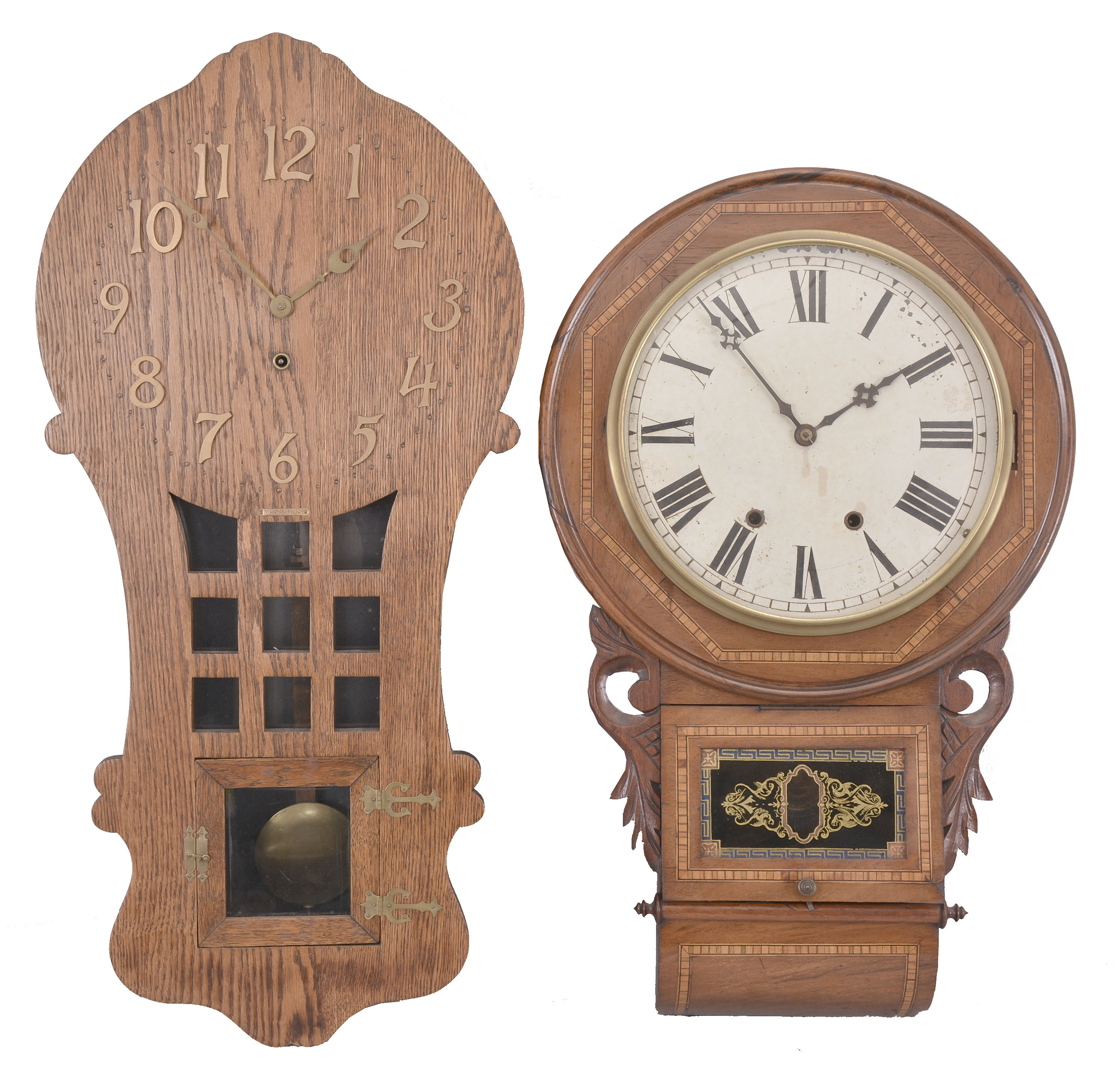 Clocks- 2 (Two) wood case wall clocks: (1) Sessions Clock Co., Forestville, Conn., "Ramona" wall timepiece, 8 day, time only, spring-driven movement in a Mission style oak case with cast numerals, brass hardware and hands, c1908; (2) England, Anglo-American wall clock, 8 day, time and strike, spring-driven movement by Waterbury in a walnut case with inlay and carved side pieces, c1880. — Antique Clocks Price Guide