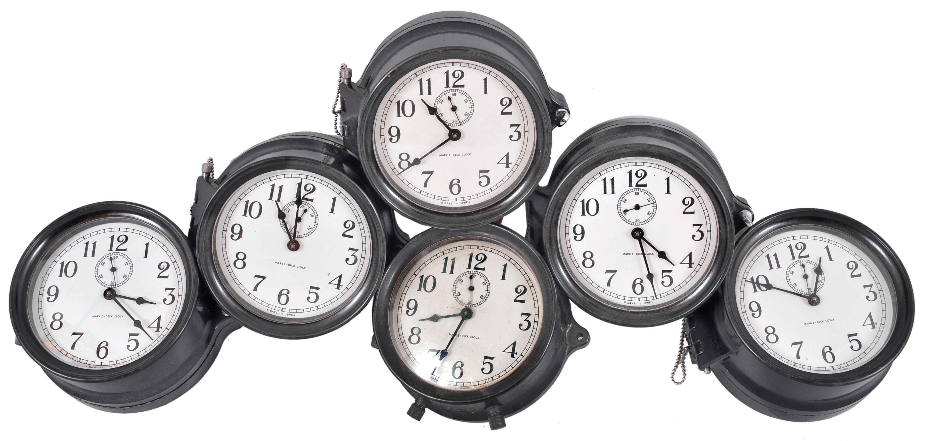 Clocks- 11 (Eleven) Deck Clocks: M. Low, New York, "Mark I- Deck Clock", 8 day, time only, spring-driven jeweled movements in black phenolic cases with hinged bezels, white and black dials with subsidiary seconds, most with rear mounting plates. — Antique Clocks Price Guide