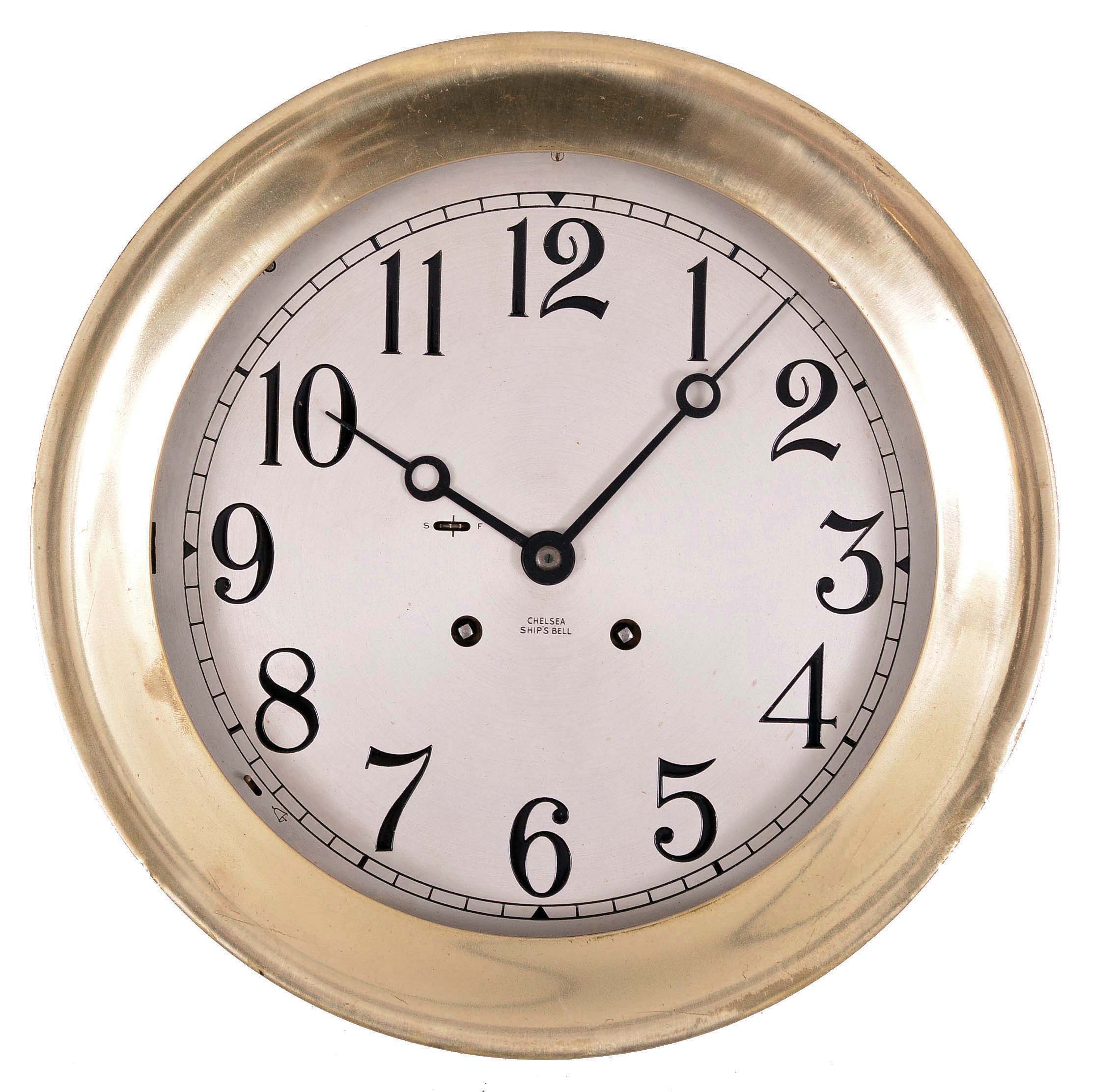 Chelsea Clock Co., Boston, Mass., marine clock, 8 day, time and ship's strike, spring-driven balance wheel movement in a heavy brass case with 8.5 inch silvered dial with Arabic numerals, movement serial number 581912. — Antique Clocks Price Guide