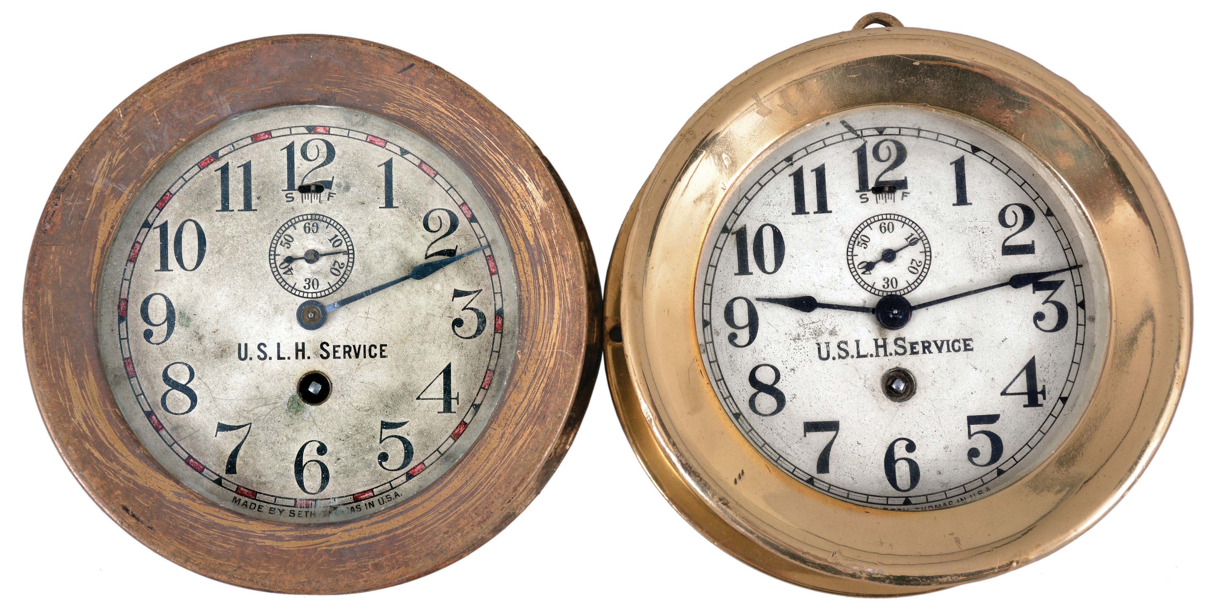 Clocks- 2 (Two) U.S. Light House Service: Seth Thomas Clock Co., Thomaston, Conn., for U.S. Light House Service, 8 day, time only, spring-driven balance wheel movements in brass cases with screw-on bezels, 4.5 inch silvered dials — Antique Clocks Price Guide
