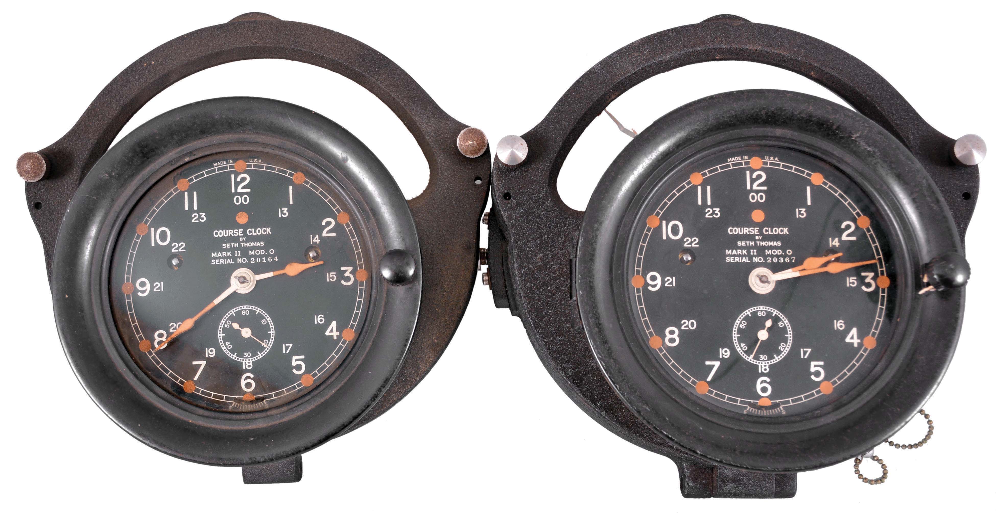 Clocks- 5 (Five) Seth Thomas Naval Course Clocks: Seth Thomas Clock Co., Thomaston, Conn., for U.S. Navy and U.S. Maritime Commission, two "Mark II, Mod. 0 Course Clocks", two "Zig Zag" course clocks, and one "Zig Zag Control" clock with wooden case and original cylindrical batteries. — Antique Clocks Price Guide