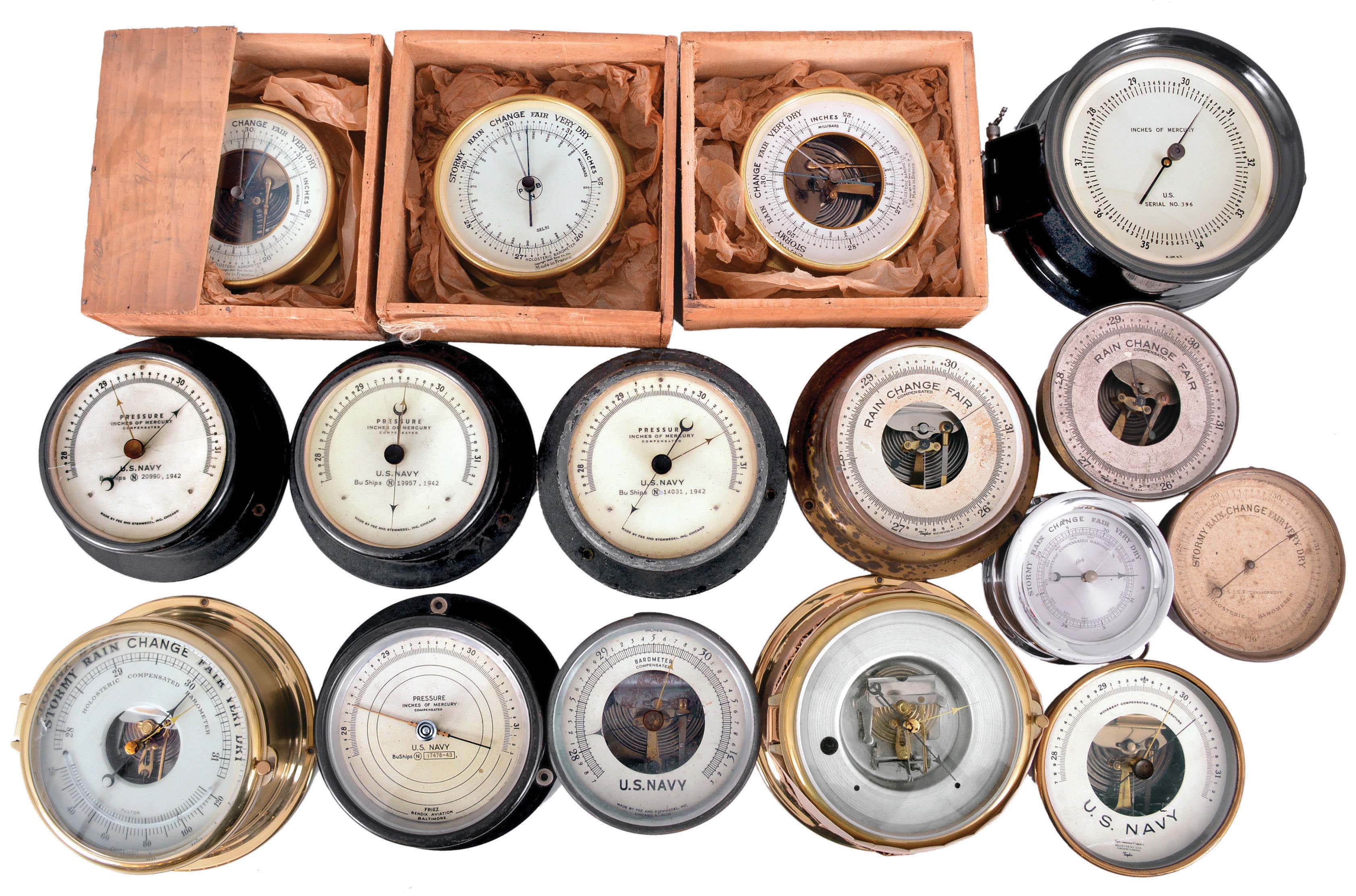 Barometers- 16 (Sixteen) Barometers: French, German, and American-made aneroid barometers, many for the U.S. Navy and one for the U.S. Lighthouse Establishment by makers such as Taylor, Selsi, Fulton, Friez, M. Low, and Schatz. — Antique Clocks Price Guide