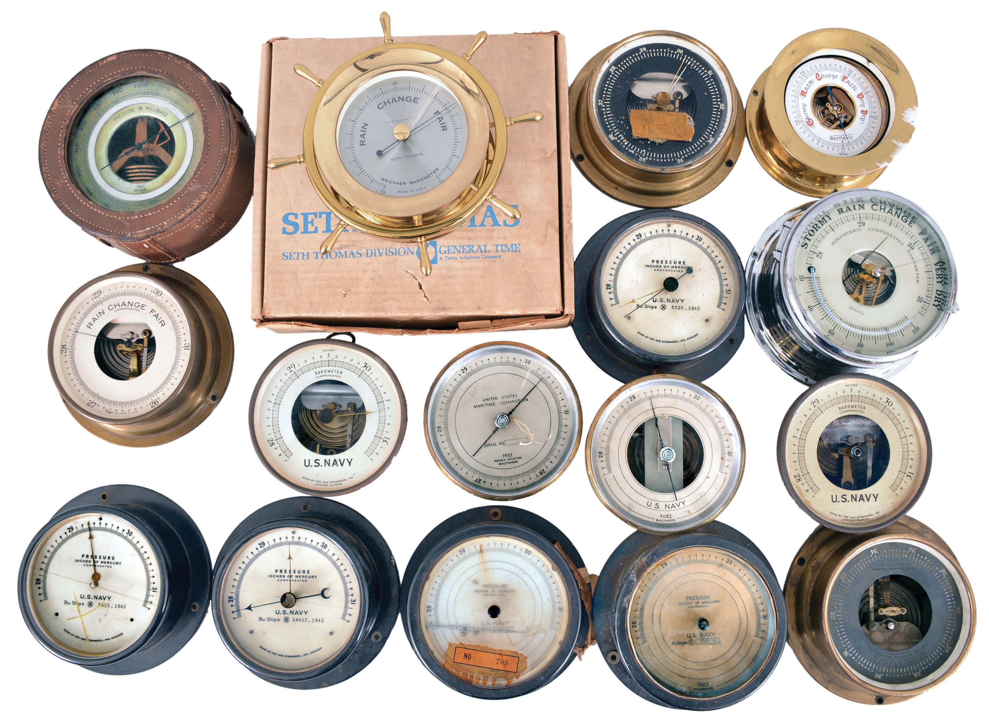 Barometers- 16 (Sixteen) Barometers: aneroid barometers, many for the U.S. Navy, by makers such as Friez, Seth Thomas, Fee &amp; Stemwedel, Admiralty, Weatherite, and Taylor. — Antique Clocks Price Guide