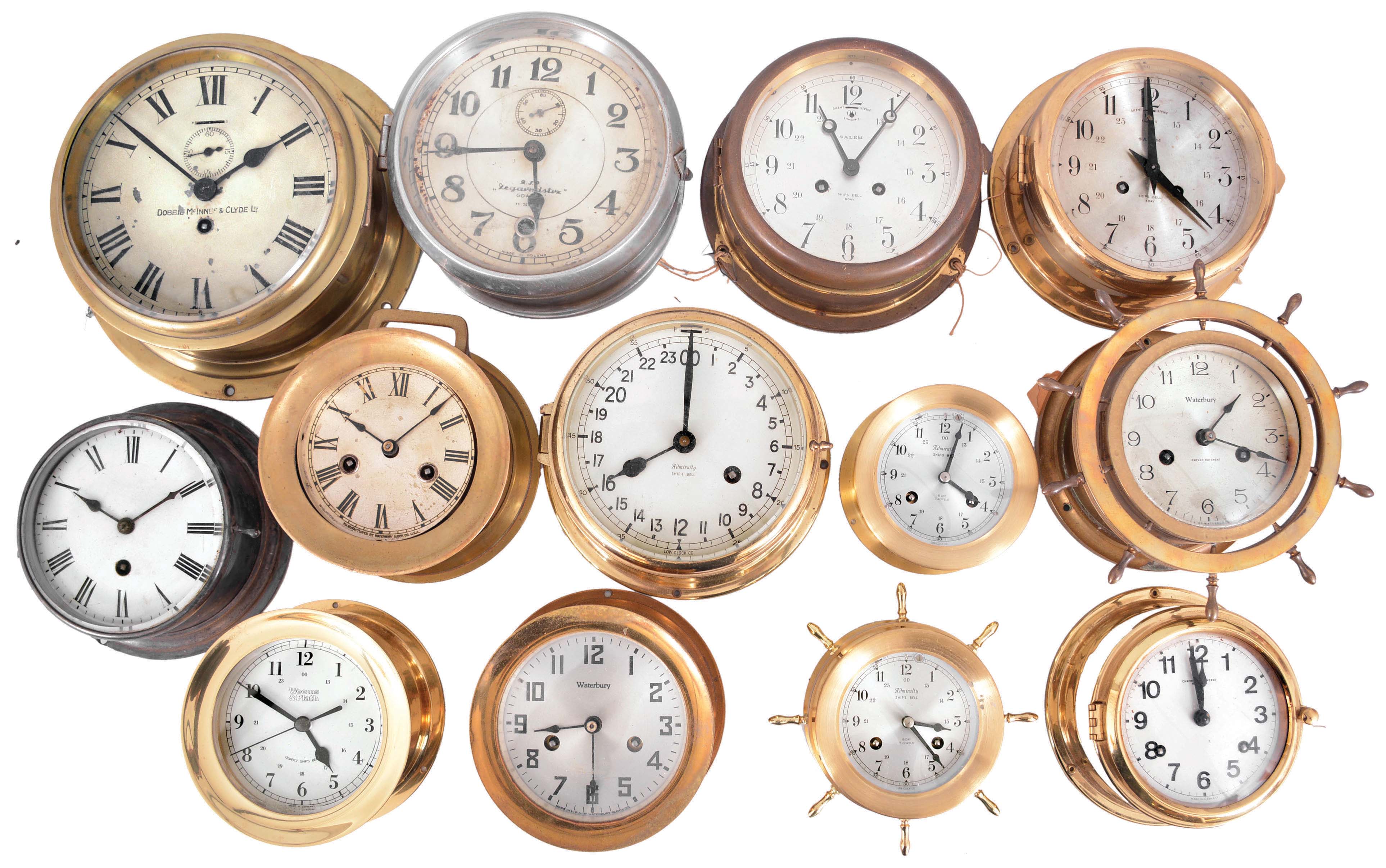 Clocks- 13 (Thirteen) Marine Clocks: assortment of marine clocks by makers including Admiralty, Buren, Salem, Waterbury, and Weems &amp; Plath. — Antique Clocks Price Guide
