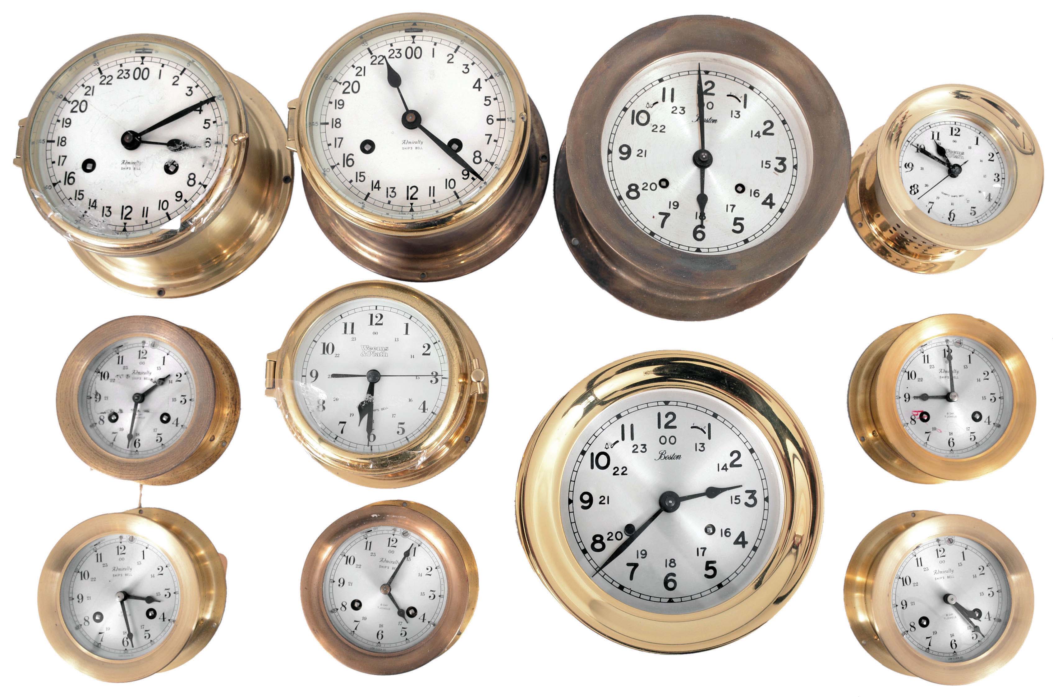 Clocks- 17 (Seventeen) Marine and Other Clocks: assortment of marine and other clocks by makers including Admiralty, Boston, Weems &amp; Plath, Seiko, and Detex. — Antique Clocks Price Guide