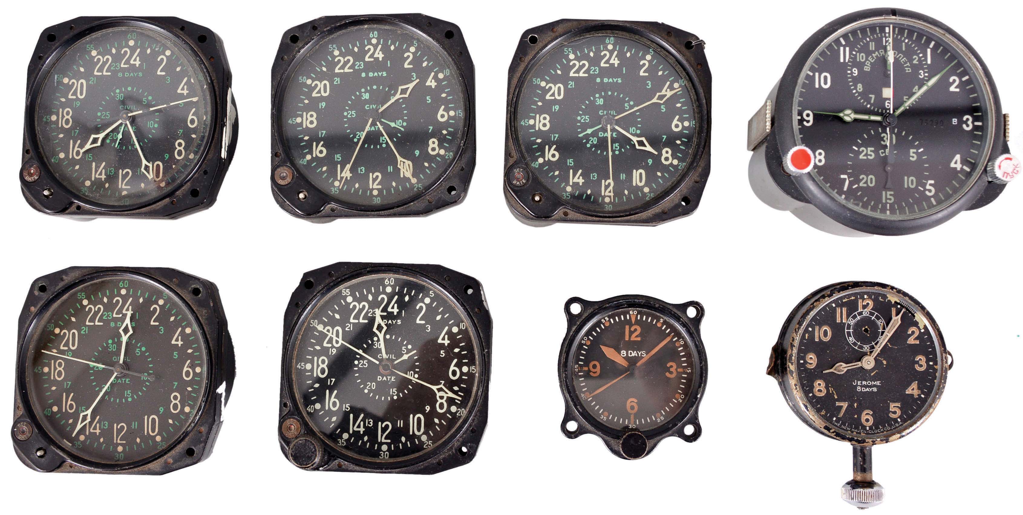 Clocks- 8 (Eight) Aircraft: 5 (Five) Waltham Clock Co., Waltham, MA, "Civil Date Indicator Aernautical" clocks, 8 day, time and calendar, spring-driven jeweled balance wheel movments in control panel mounts, black dials showing 24 hours with day of the month on inner ring, center seconds. The other three clocks include a New Haven 8 day, a Russian clock with calendar, and a smaller 8 day clock. — Antique Clocks Price Guide
