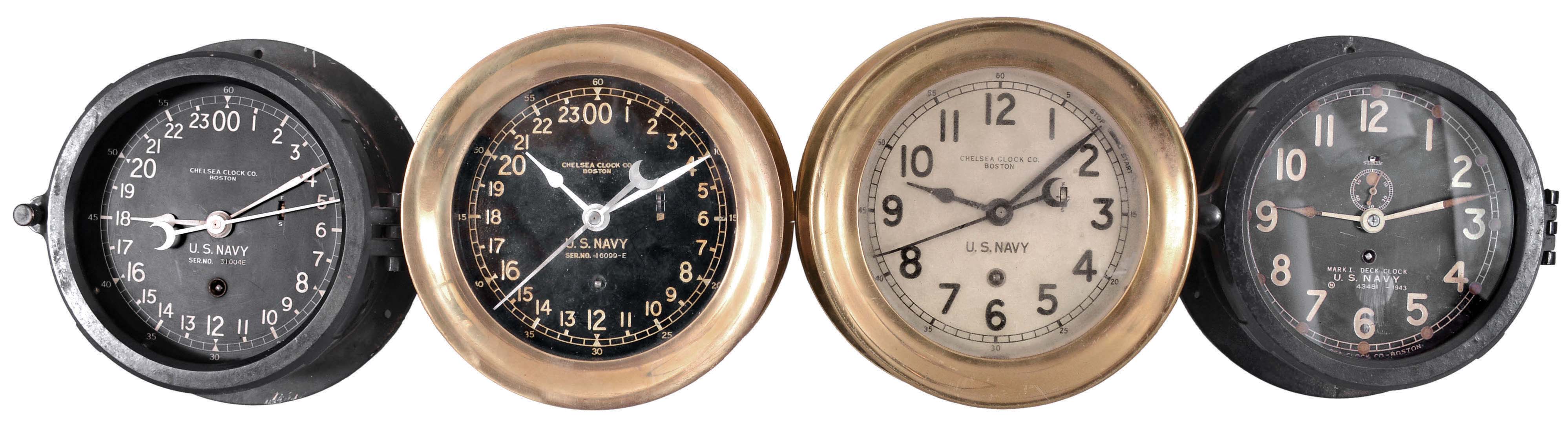 Clocks- 4 (Four) Deck Clocks for U.S. Navy: Chelsea Clock Co., Boston, and M. Low, New York for U.S. Navy, deck clocks, 8 day, time only, spring-driven balance wheel movements in brass and phenolic cases with screw-on and hinged bezels, silvered and black dials, one with hack switch, three with center seconds. — Antique Clocks Price Guide