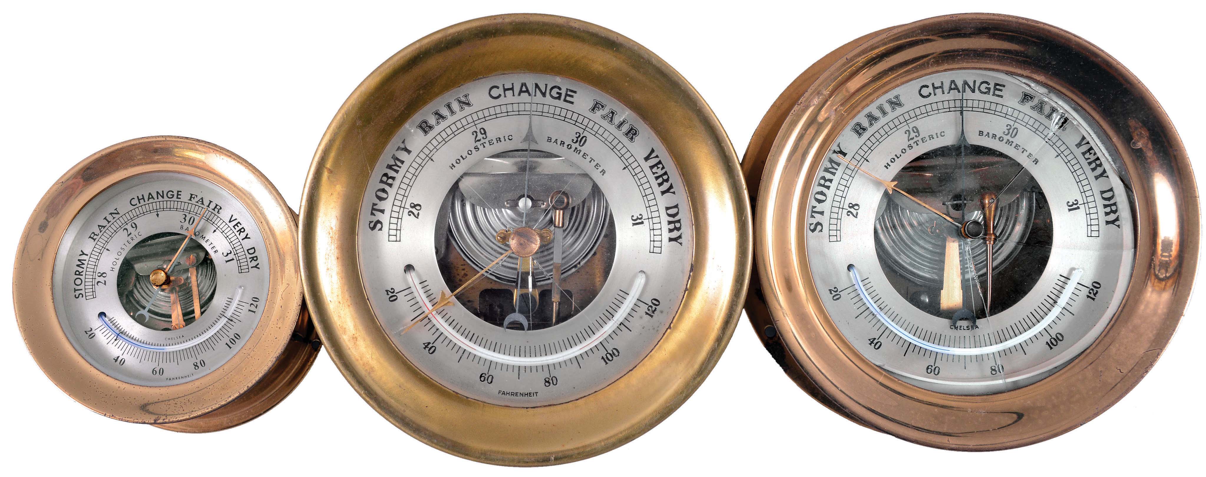 Barometers- 3 (Three) Marine Barometers: two signed by Chelsea Clock Co., Boston, Mass., holosteric barometers in brass cases with silvered dials and alcohol thermometers. — Antique Clocks Price Guide