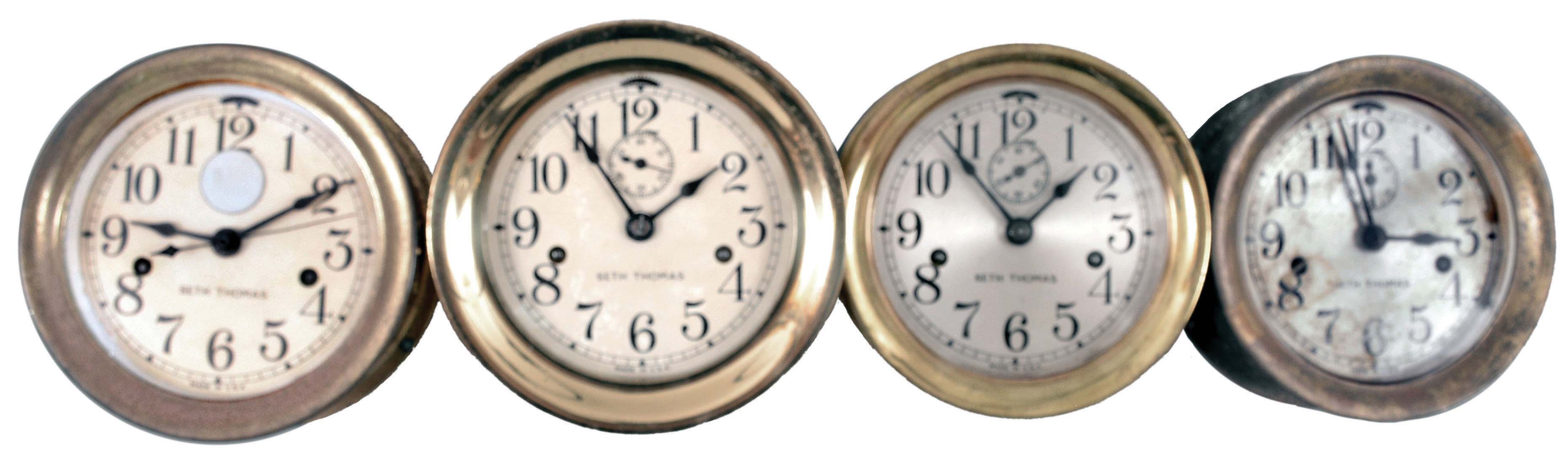 Clocks- 4 (Four) Seth Thomas Boat: Seth Thomas Clock Co., Thomaston, Conn., "Boat Clock", 30 hour, time only, twin-spring balance wheel movement in brass cases with hinged and screw-on bezels, 6 inch silvered or painted dials, three with subsidiary seconds and one with center seconds. — Antique Clocks Price Guide