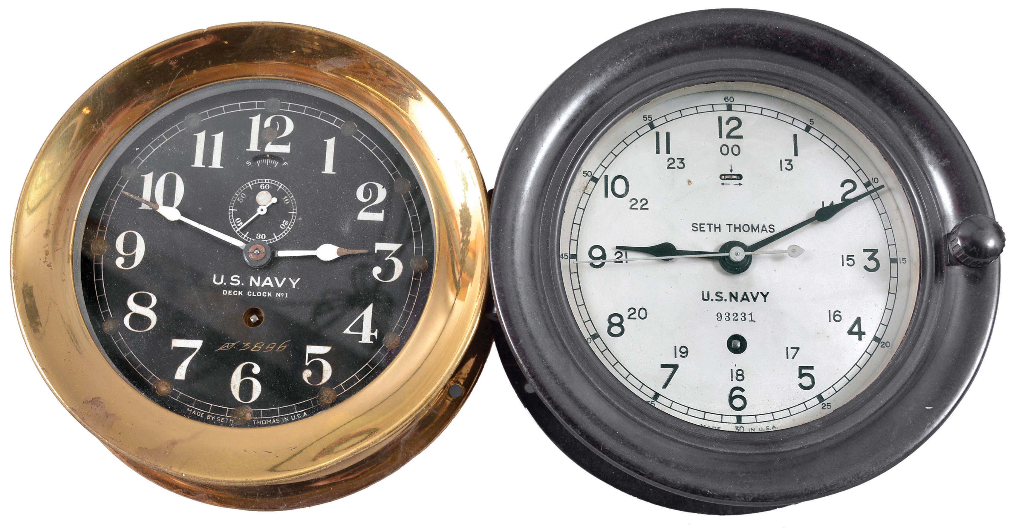 Clocks- 2 (Two) Seth Thomas Clocks for Navy: Seth Thomas Clock Co., Thomaston, Conn., for U.S. Navy, one "Deck Clock No. 1" and one other deck clock with 12/24 hour dial, 8 day, time only, spring-driven balance wheel movements, one in heavy brass case with screw-on bezel and the other in a black phenolic case with hinged bezel, both with 6 inch dials, one black and one silvered. — Antique Clocks Price Guide