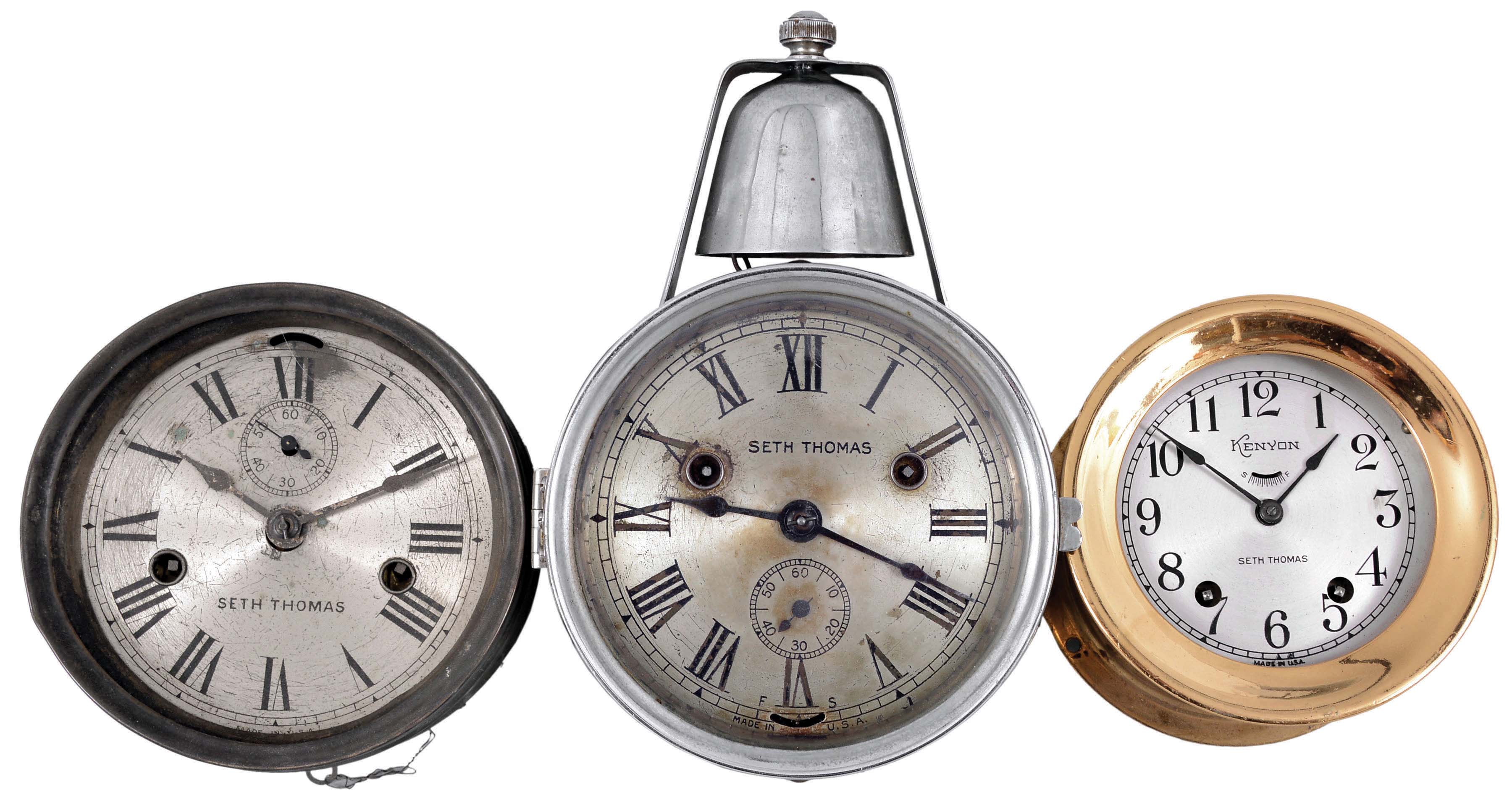 Clocks- 3 (Three) Seth Thomas Marine: Seth Thomas Clock Co., Thomaston, Conn., "Kenyon" ship's strike clock, "Yacht Clock" with top-mounted bell, and "Day Lever ". — Antique Clocks Price Guide