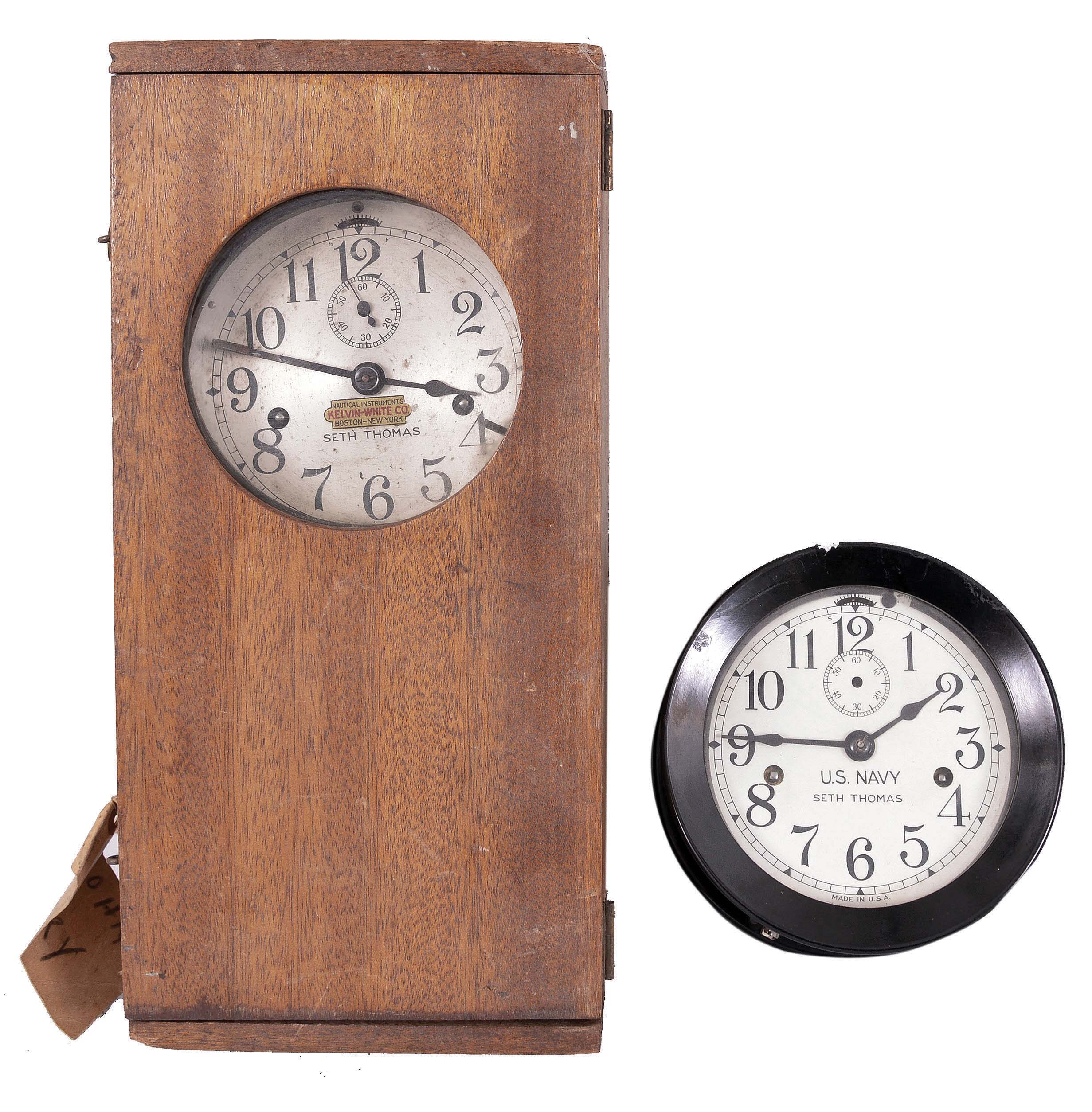 Clocks- 2 (Two) Seth Thomas Zig Zag Course Clocks: Seth Thomas Clock Co., Thomaston, Conn., for Kelvin-White Co., "Convoy Zig Zag Clock" for and "Zig Zag" course clock for the U.S. Navy, 8 day, time and course signal, spring-driven balance wheel movements, one in a wood case and the other in a black phenolic case. Both were used to alert the bridge at intervals to vary a ship's course to make it more difficult for it to be targeted accurately by enemy torpedoes. — Antique Clocks Price Guide