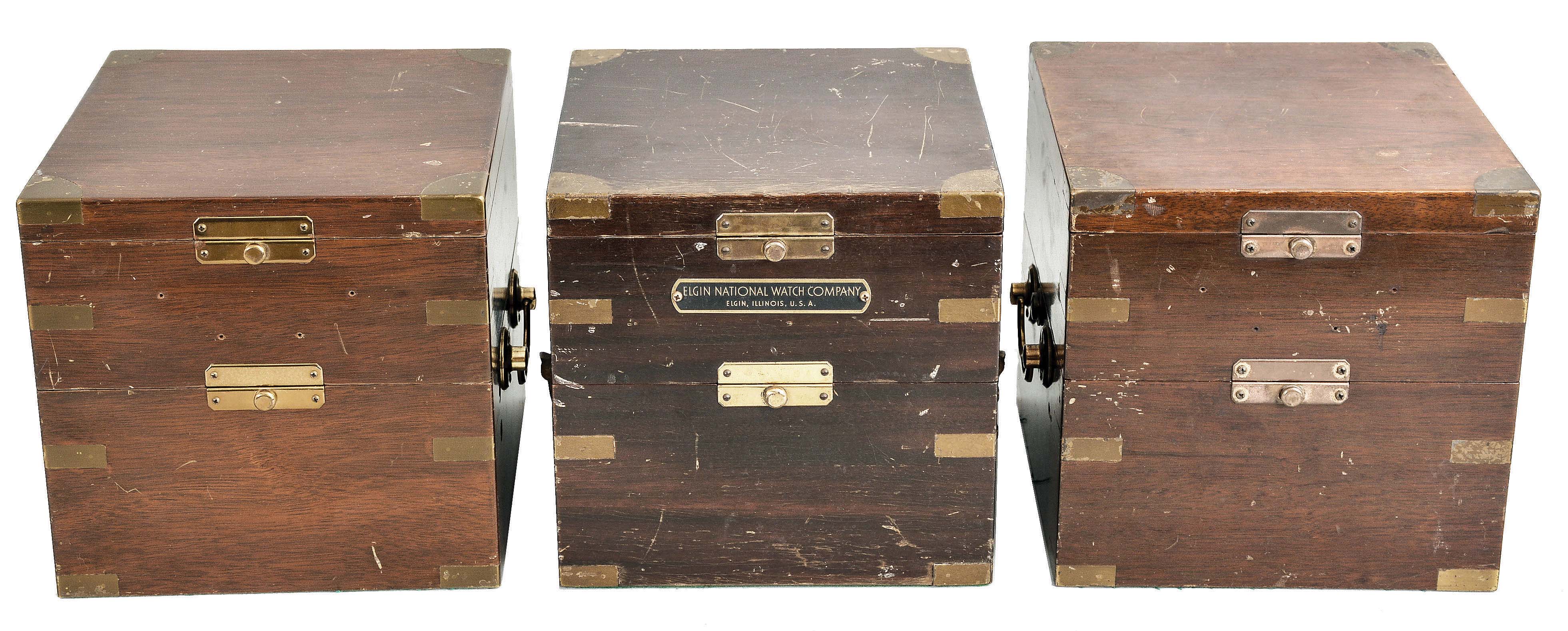 Chronometer boxes- 3 (Three): two Hamilton and one Elgin, all mahogany with brass hardware — Antique Clocks Price Guide