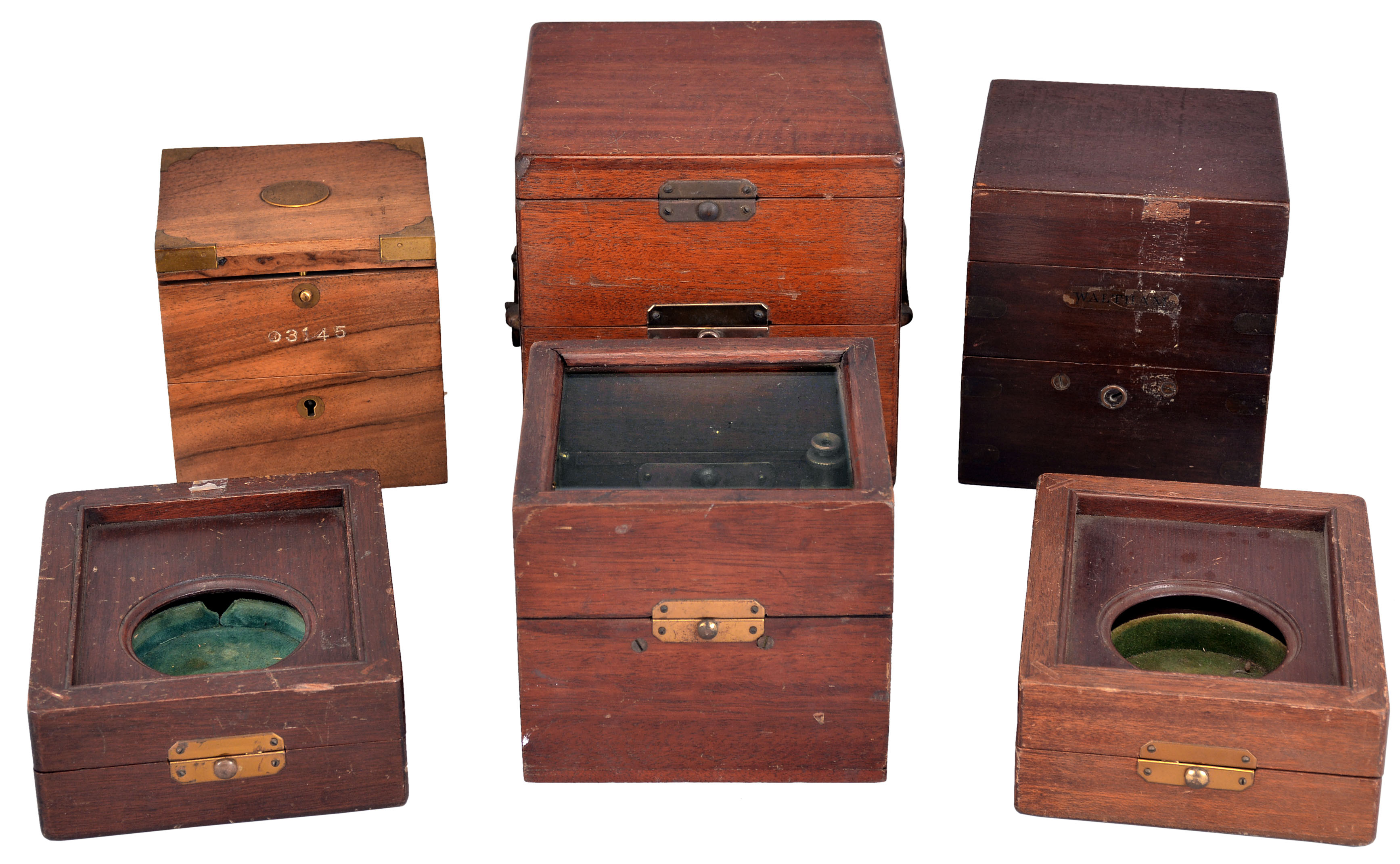 Chronometer and deck watch boxes- 6 (Six): makers including Waltham, Hamilton, Longines and others, one box with bowl and gimbals, Hamilton 21 box dimensions listed — Antique Clocks Price Guide
