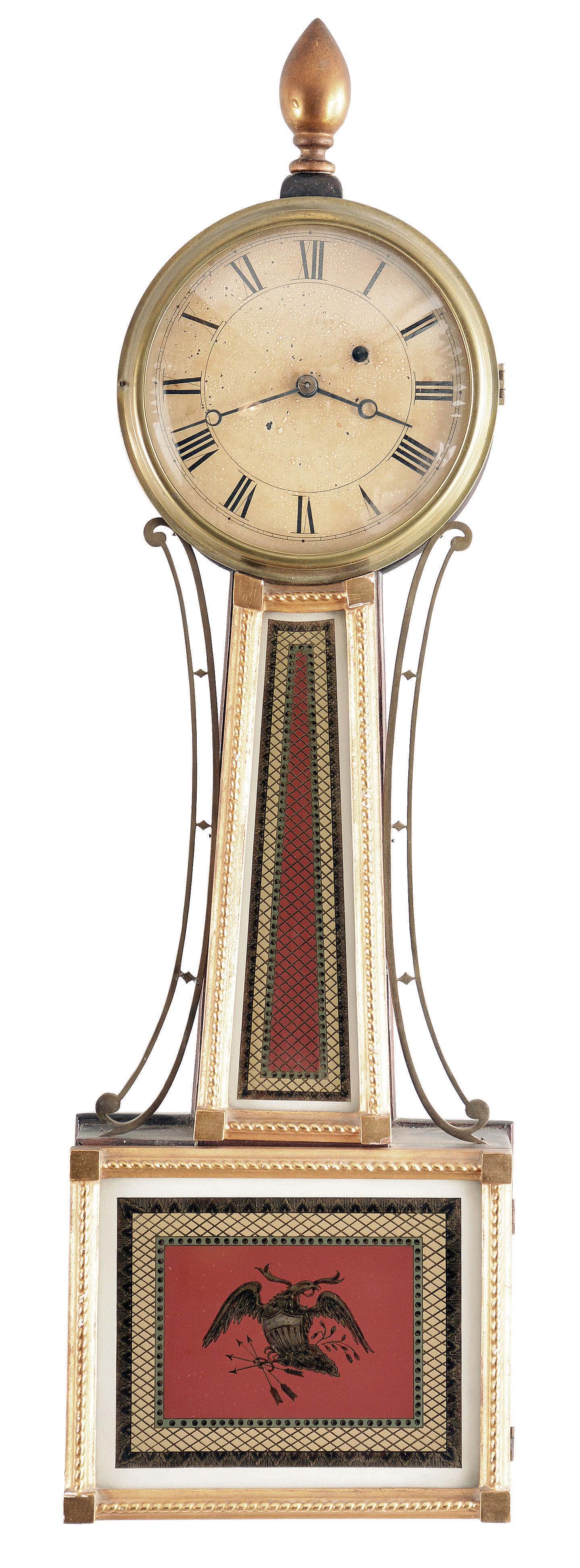 Massachusetts, 8 day, weight brass movement gilt front patent or banjo timepiece. — Antique Clocks Price Guide