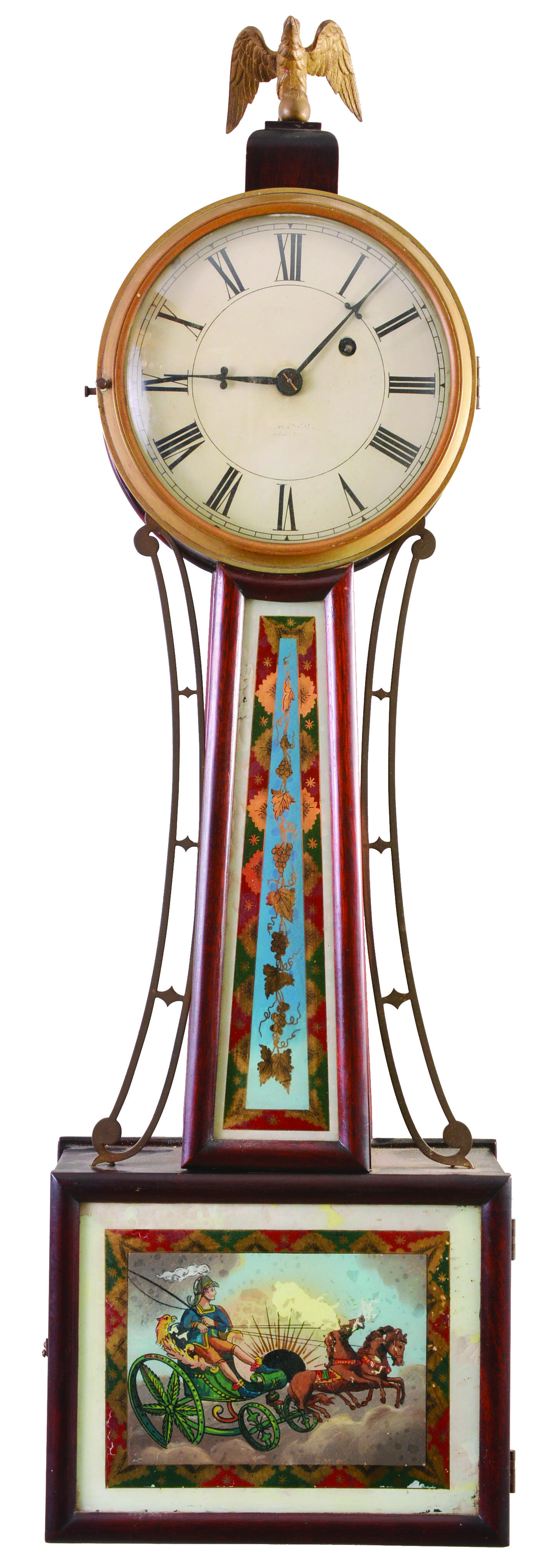 Herschede Clock Co., Cincinnati, Ohio, banjo clock retailed by Tiffany &amp; Co., New York, 8 day, time only, weight driven movement in a mahogany case with a painted metal dial and reverse painted throat and lower tablets — Antique Clocks Price Guide