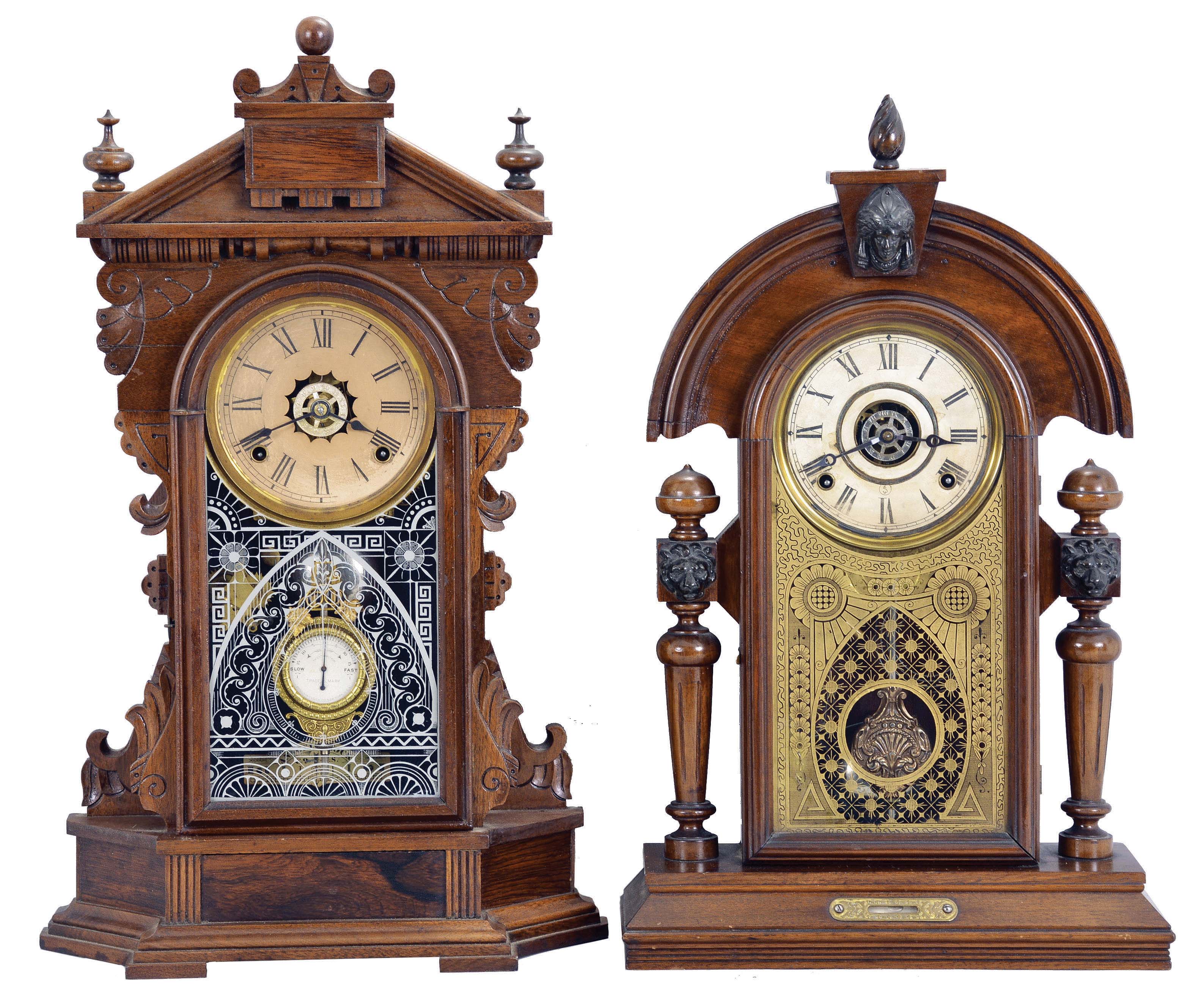 Clocks- 2 (Two): (1) Ansonia Clock Co., New York, "Niagara", 8 day, time, strike and alarm spring brass movement shelf clock, c1895 (2) E. Ingraham &amp; Co., Bristol, Conn., 8 day, time, strike and alarm spring brass movement shelf clock, c1890 This model is very similar to the "King" model made the Ansonia Clock Co. — Antique Clocks Price Guide
