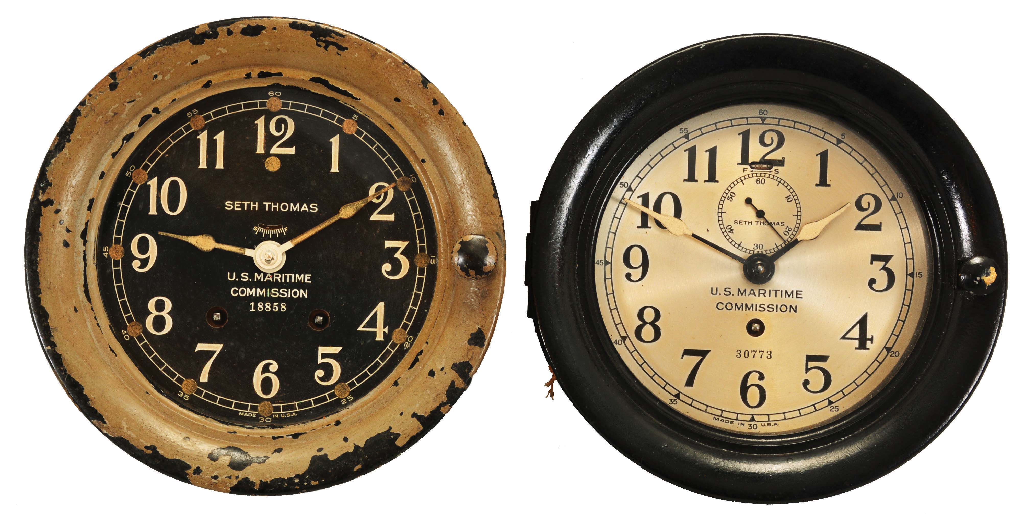 Clocks- 2 (Two) Seth Thomas for U.S. Maritime Commission: (1) Seth Thomas Clock Co., Thomaston, Conn., ship's bell, 8 day, time and ship's bells, spring-driven balance wheel movement in a gray painted metal case with hinged phenolic bezel and 6 inch black dial. (2) Seth Thomas Clock Co., Thomaston, Conn., ship's lever, 8 day, time only, spring-driven balance wheel movement in a black phenolic case with hinged bezel, 6 inch silvered dial with subsidiary seconds. — Antique Clocks Price Guide