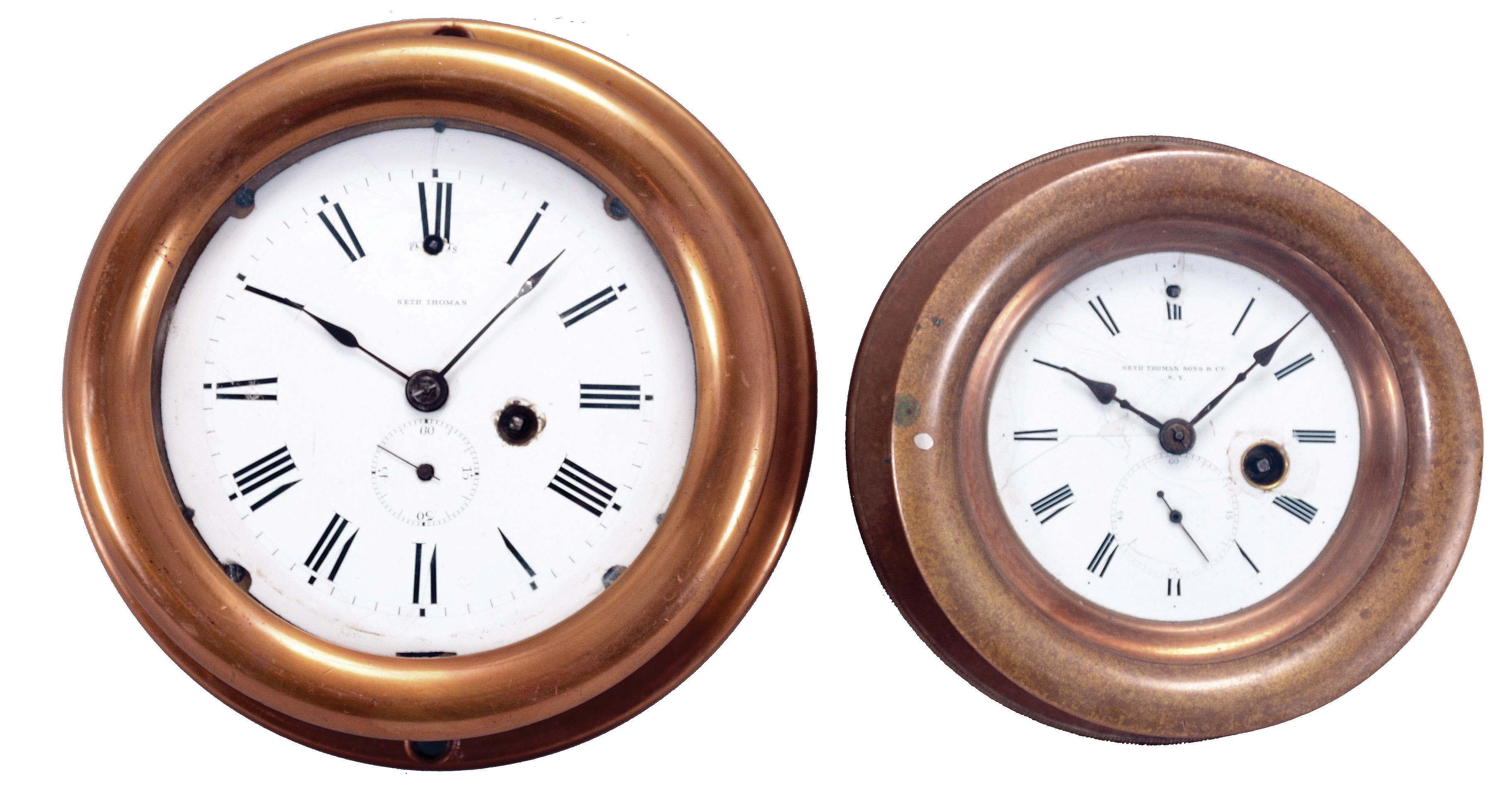 Clocks- 2 (Two) Seth Thomas Marine: (1) Seth Thomas Clock Co., Thomaston, Conn., marine clock, 8 day, time only, spring-driven lever escapement in a brass case with snap bezel, a 4.25 inch white enamel dial with subsidiary seconds, and blued steel hands. (2) Seth Thomas Sons &amp; Co., New York, marine clock, 8 day, time only, spring-driven lever escapement in a brass case with hinged bezel, 3.5 inch white enamel dial with subsidiary seconds, and blued steel hands. — Antique Clocks Price Guide