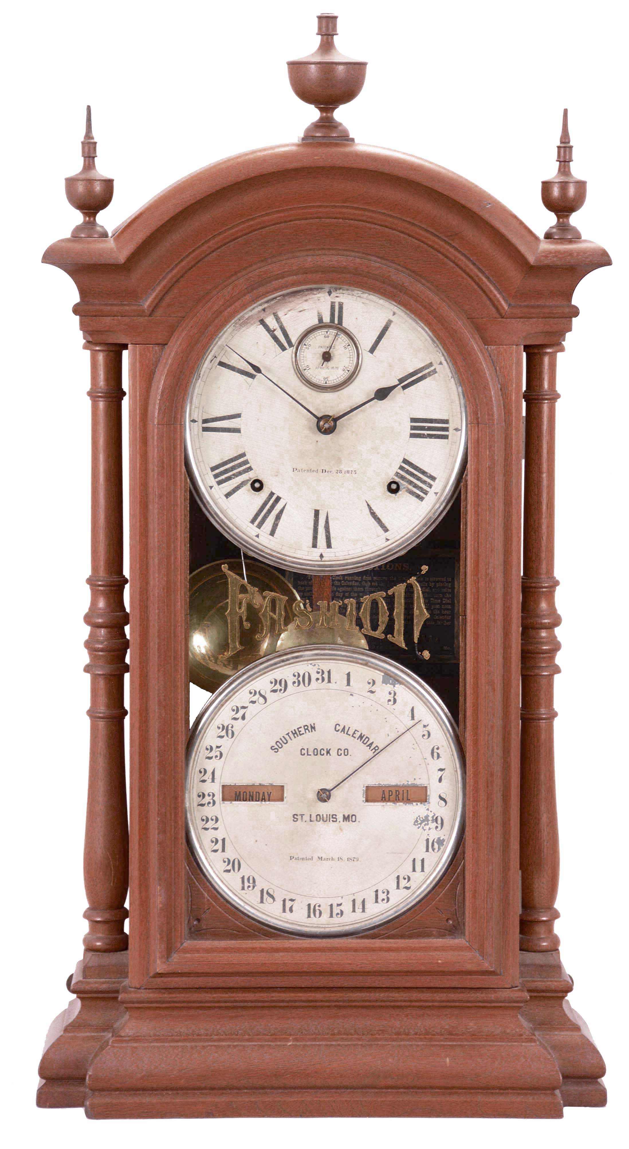 Southern Calendar Clock Co., St. Louis, MO. "Fashion No. 4" shelf clock with a spring driven, 8 day Seth Thomas time and strike movement and a R. T Andrews patented perpetual calendar mechanism in a walnut case. — Antique Clocks Price Guide