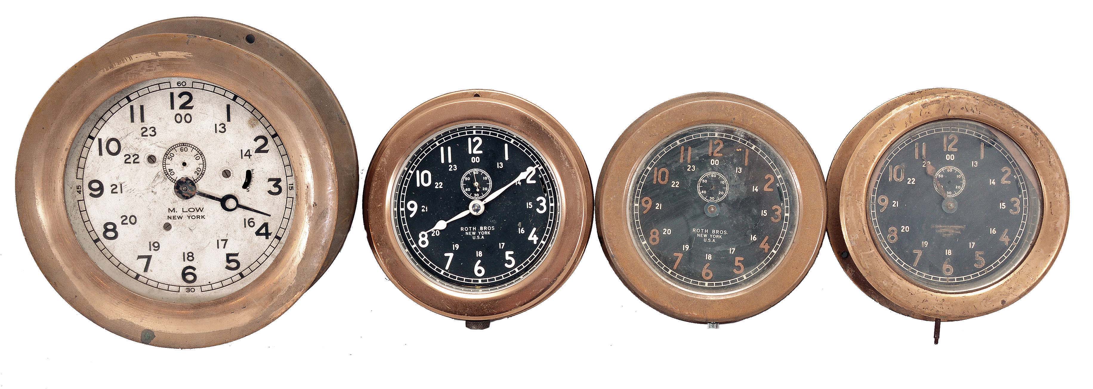 Clocks- 4 (Four) Marine with Car Clock Movements: one signed M. Low of New York, with an 8 day Waltham movement and three by Roth Bros. of New York, likely also car clock style movements, all with brass cases with screw-on bezels. — Antique Clocks Price Guide