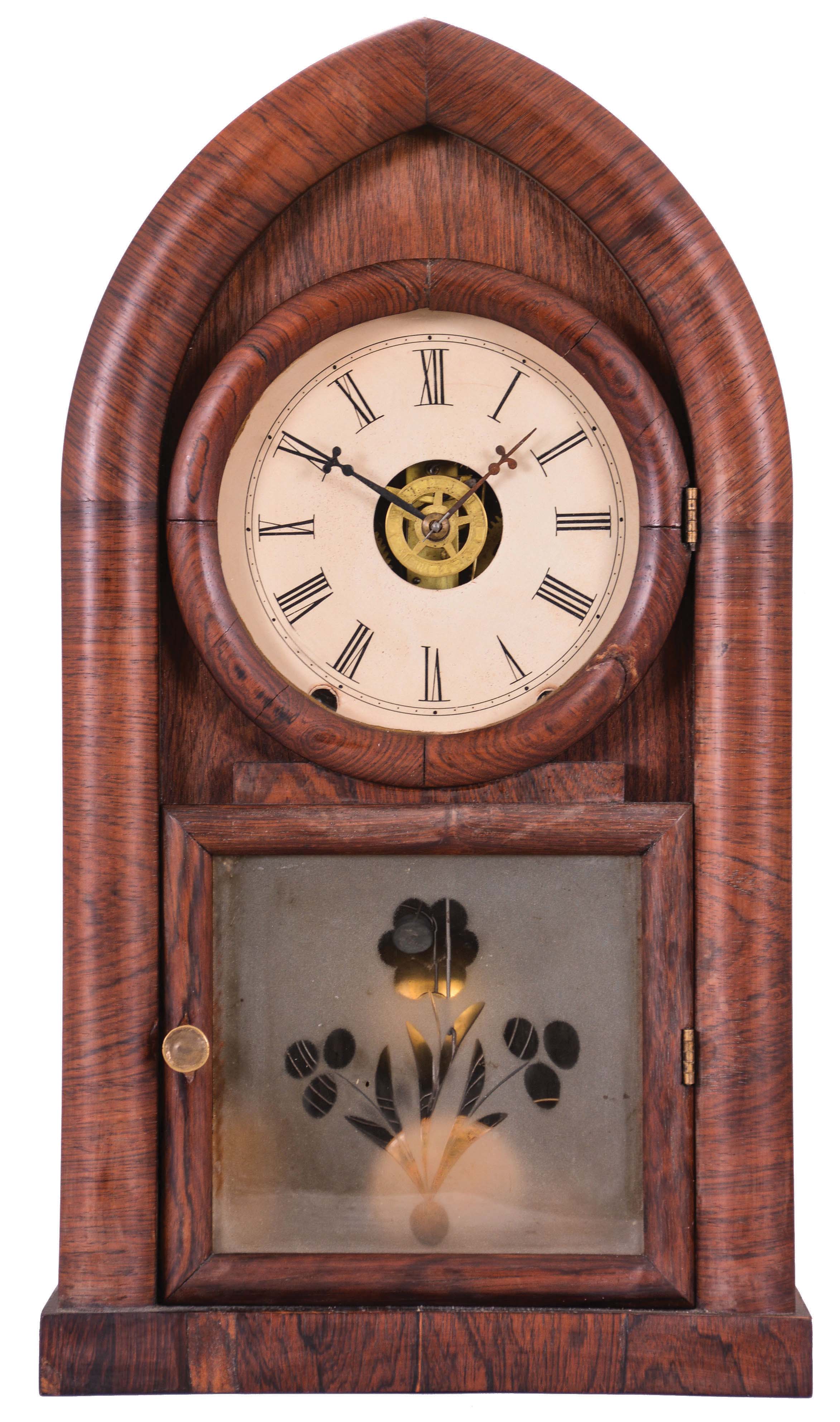 Clocks- 2 (Two): (1) Brewster &amp; Ingrahams, Bristol, Conn., 8 day, time, strike and alarm spring brass movement round gothic or beehive clock. (2) Brewster &amp; Ingrahams, Bristol, Conn., 8 day, time and strike, spring brass movement round gothic or beehive clock. — Antique Clocks Price Guide