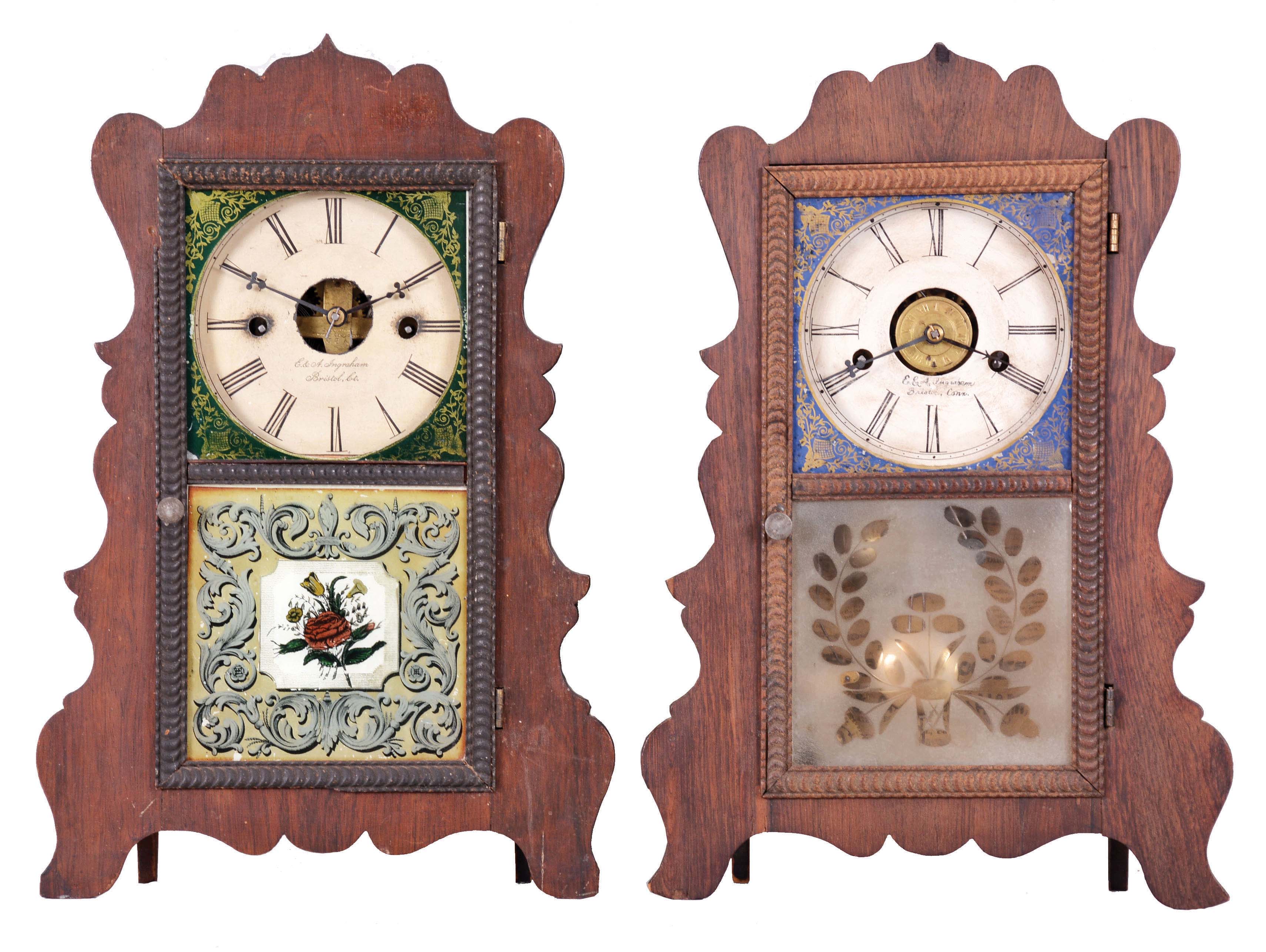 Clocks- 2 (Two): (1) E. &amp; A. Ingraham, Bristol, Conn., 30 hour, time and strike, spring brass movement serpentine front shelf clock c1852. (2) E. &amp; A. Ingraham, Bristol, Conn., 30 hour, time, strike and alarm spring brass movement serpentine front shelf clock c1852. — Antique Clocks Price Guide
