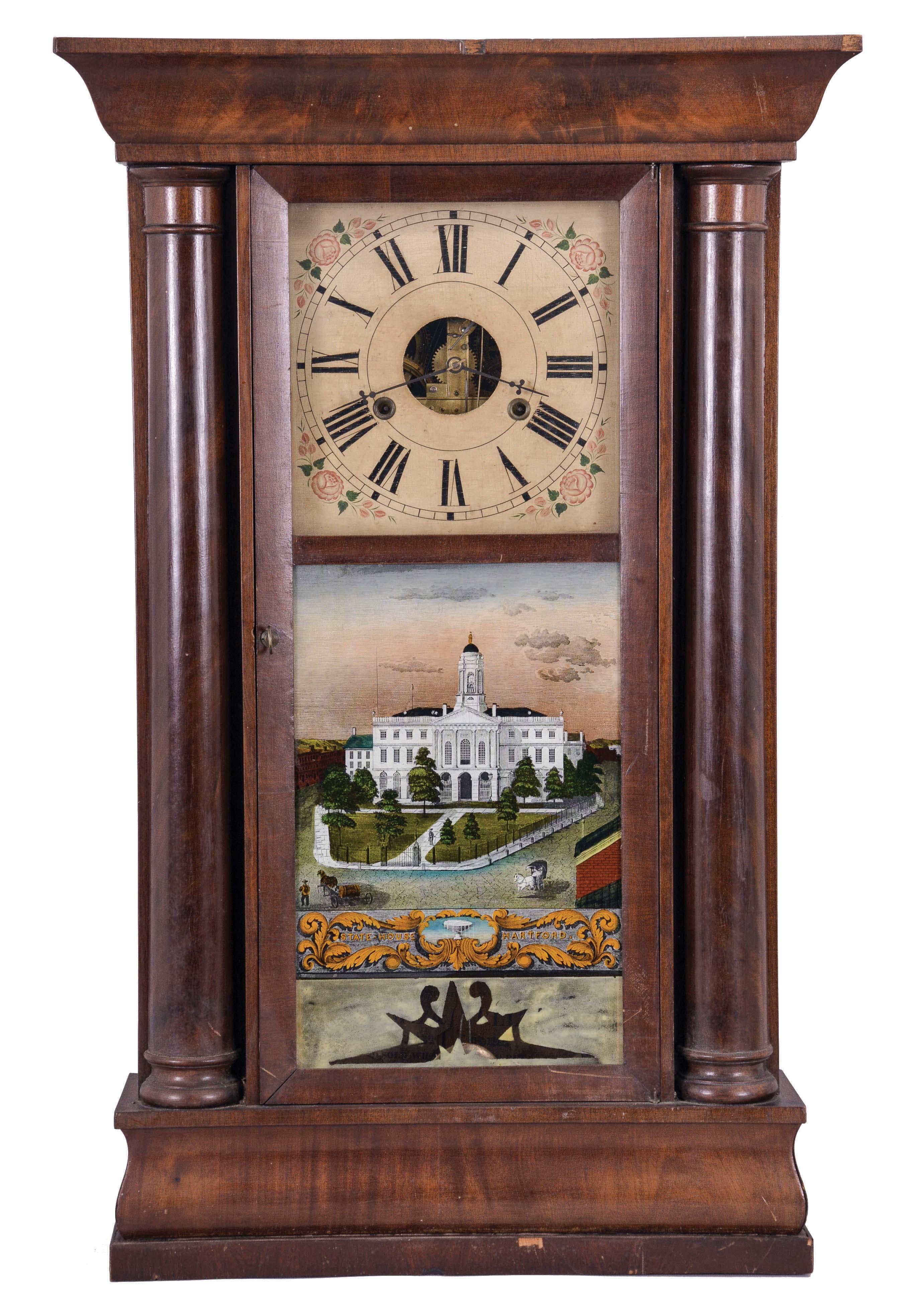 Birge &amp; Fuller, Bristol, Conn., 8 day, time and strike, weight strap brass movement half column and cornice top shelf clock, c1845. — Antique Clocks Price Guide