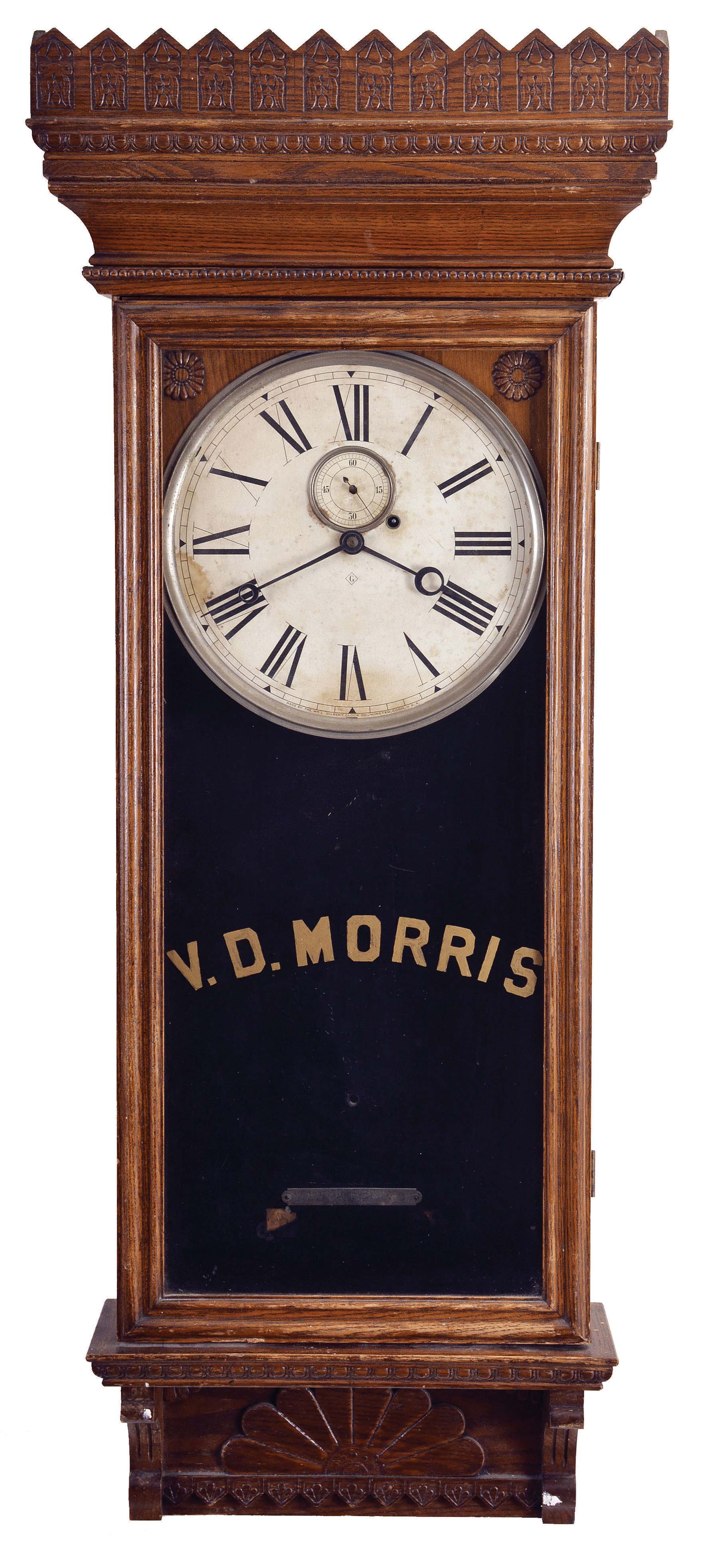 William L. Gilbert Clock Co., Winsted, Conn., "Regulator No. 14", 8 day, weight brass movement wall timepiece. — Antique Clocks Price Guide