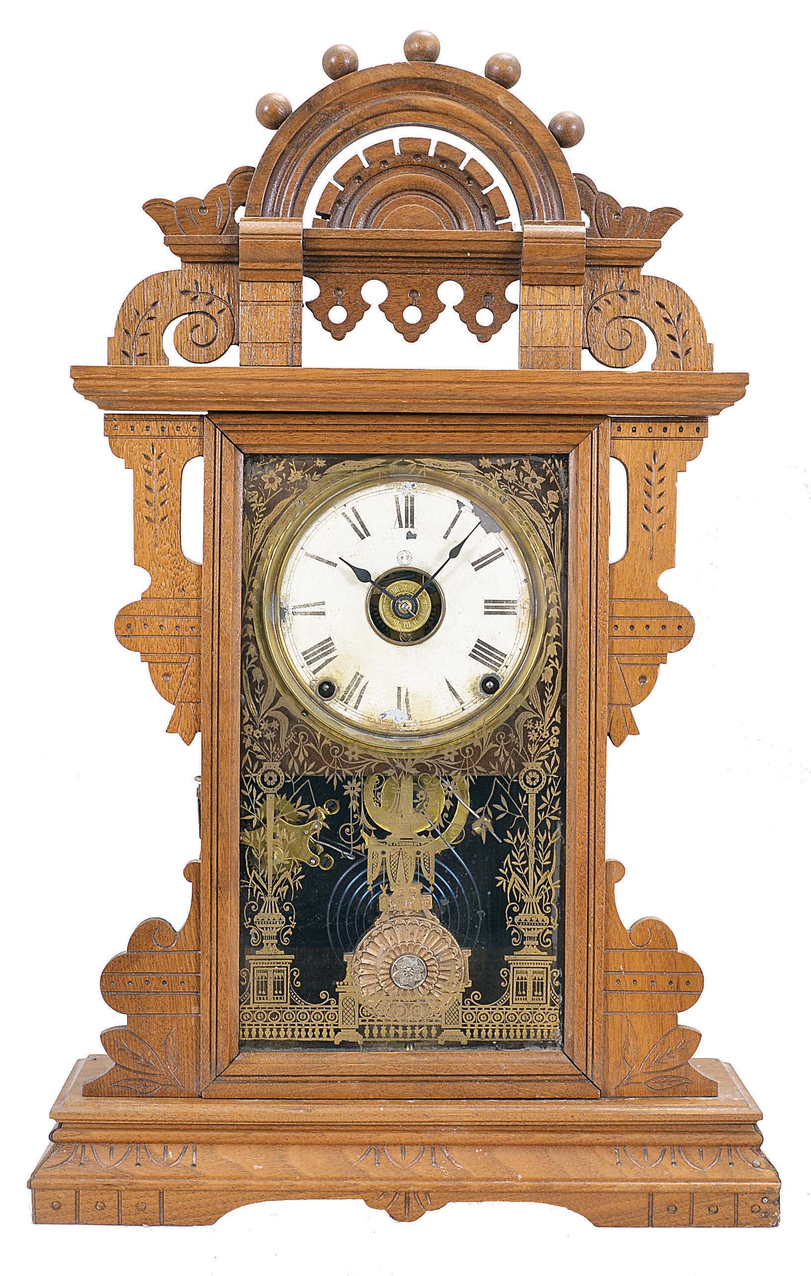 Seth Thomas Clock Co., Thomaston, Conn., "Eclipse", 8 day, time, strike and alarm spring brass movement walnut case mantel clock. — Antique Clocks Price Guide