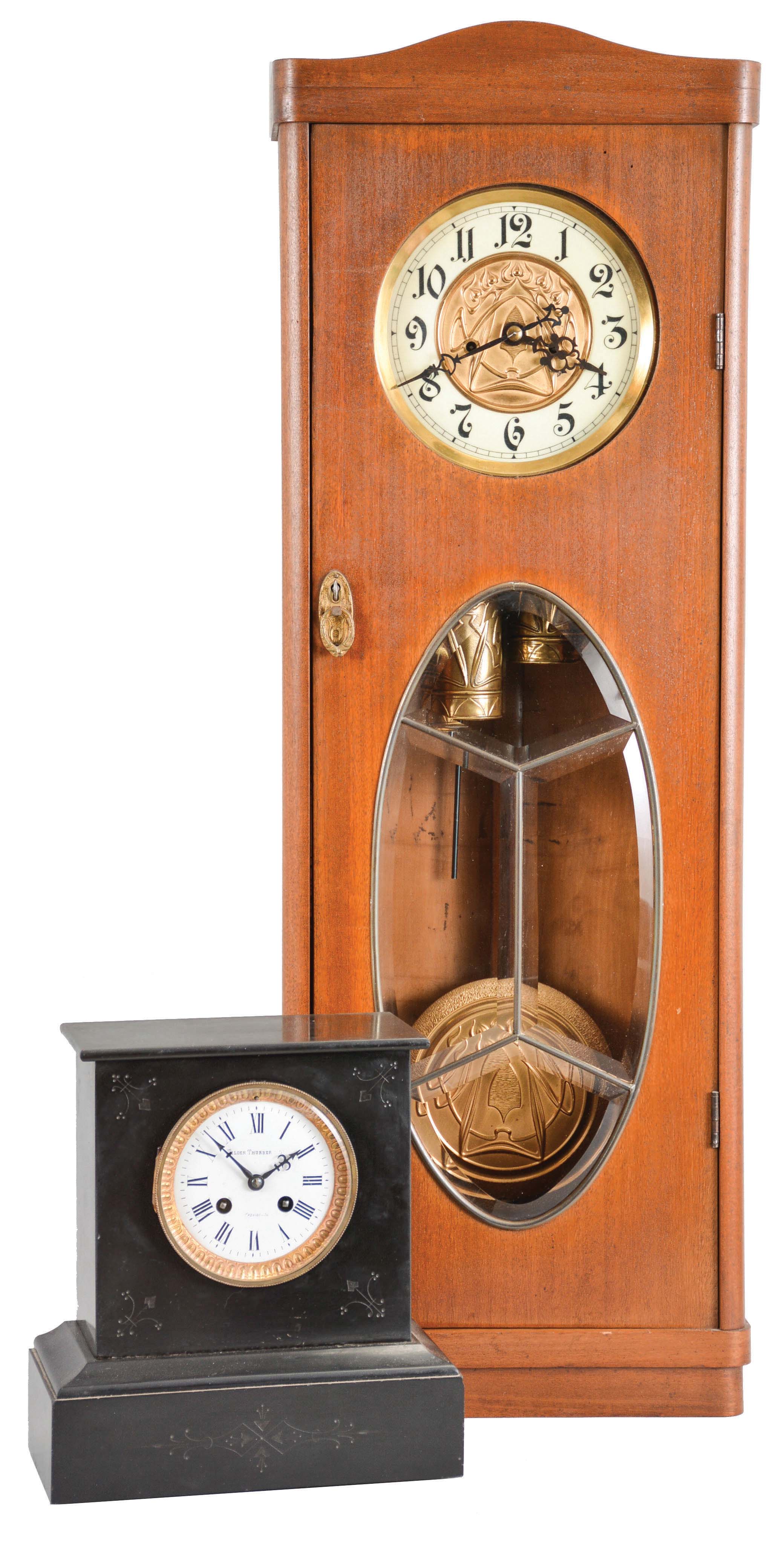 Clocks- 2 (Two): (1) Germany, Gustav Becker, 8 day, time and strike, weight brass movement vienna regulator clock c1910 (2) French, 8 day, time and strike, spring brass movement black slate mantel clock retailed by "Tilden Thurber &amp; Co., Providence ". — Antique Clocks Price Guide