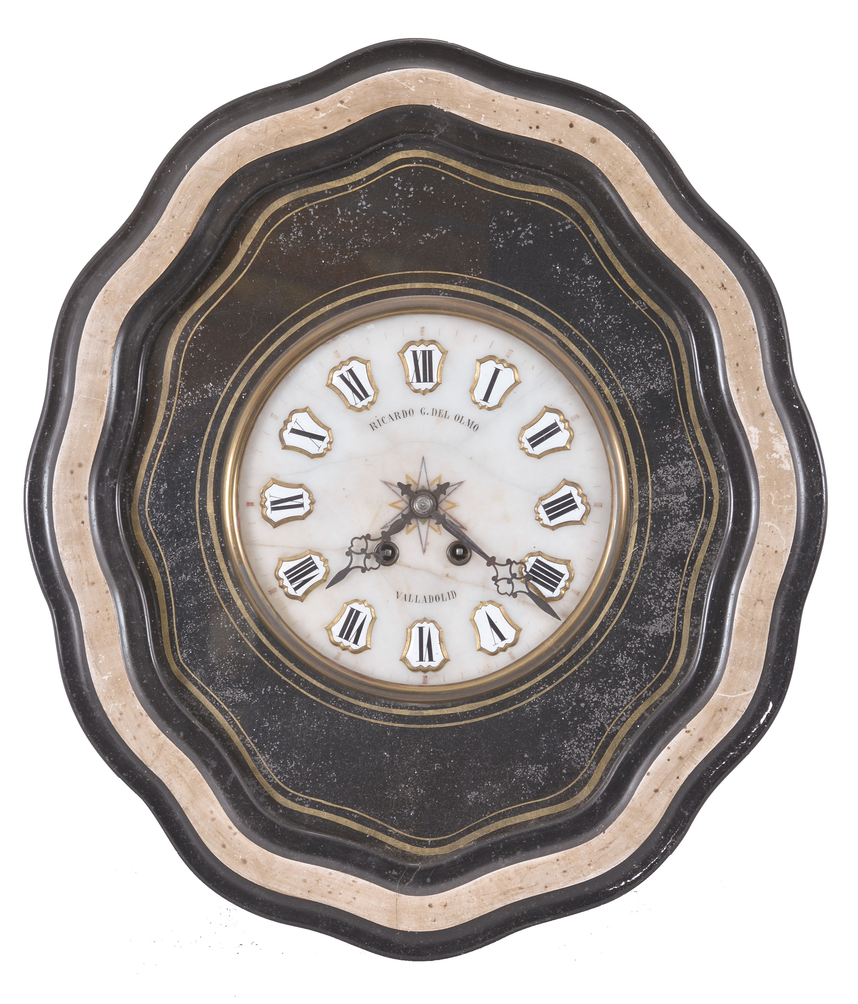 Clocks- 3 (Three): (1) French, 8 day, time and strike spring brass movement picture frame or Bakers wall clock. Dial is marked "Guiot ". c1900 (2) French, 8 day, time and strike weight brass movement Mobier wall clock. c1900 (3) French, 8 day, time and strike spring brass movement picture frame or bakers wall clock. Dial is marked "Ricardo G. Del Olmo" c1900 — Antique Clocks Price Guide