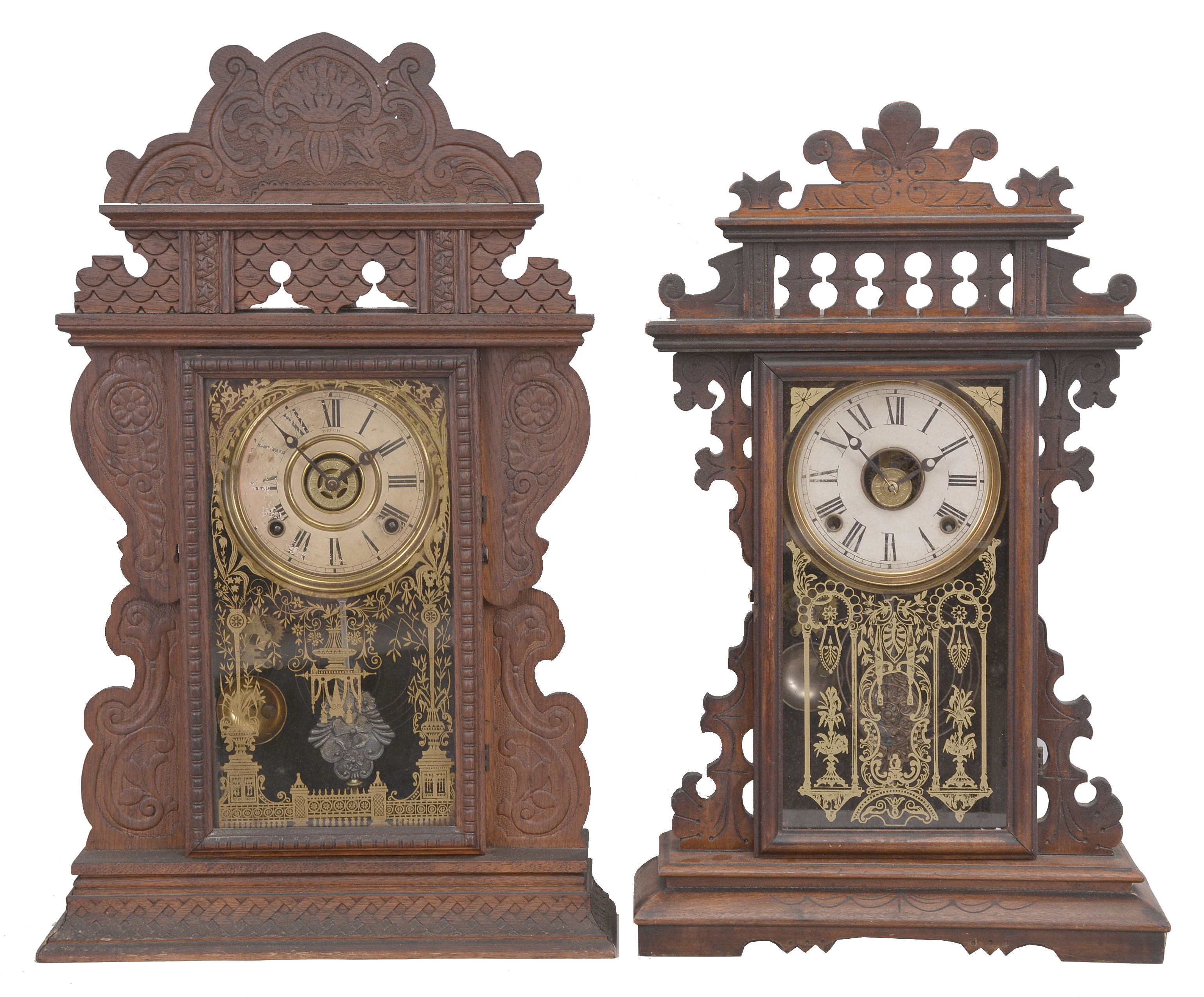 Clocks- 4 (Four) :(1) E.N. Welch, "Eclipse" mantel clock, 8 day, time and strike with alarm in a oak case, c1889; (2) E.N. Welch, "Unknown No. 37" mantel clock, 8 day, time and strike with alarm in a walnut case, c1886; (3) Ansonia Clock Co., "Kirkwood" mantel clock, 8 day, time and strike in a dark wood case, c1901; (4) Ansonia Clock Co., "X Assortment A" mantel clock, 8 day, time and strike in a dark wood case, c1914. — Antique Clocks Price Guide