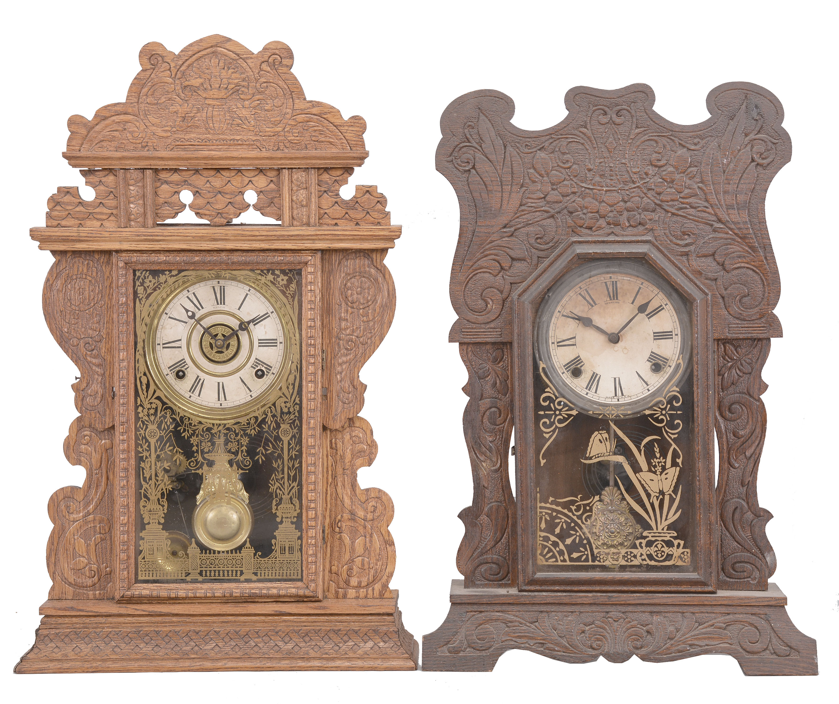 Clocks- 4 (Four): (1) E.N. Welch, "Eclipse" mantel clock, 8 day, time and strike with alarm in a oak case, c1889; (2) E.N. Welch, "No. 199" mantel clock, 8 day, time and strike with alarm in an oak case, c1902; (3) Sessions Clock Co., "Grand No. 3" mantel clock, 8 day, time and strike in an oak case, c1915; (4) E.N. Welch, "Falka" mantel clock, 8 day, time and strike with alarm in a walnut case, c1885. — Antique Clocks Price Guide